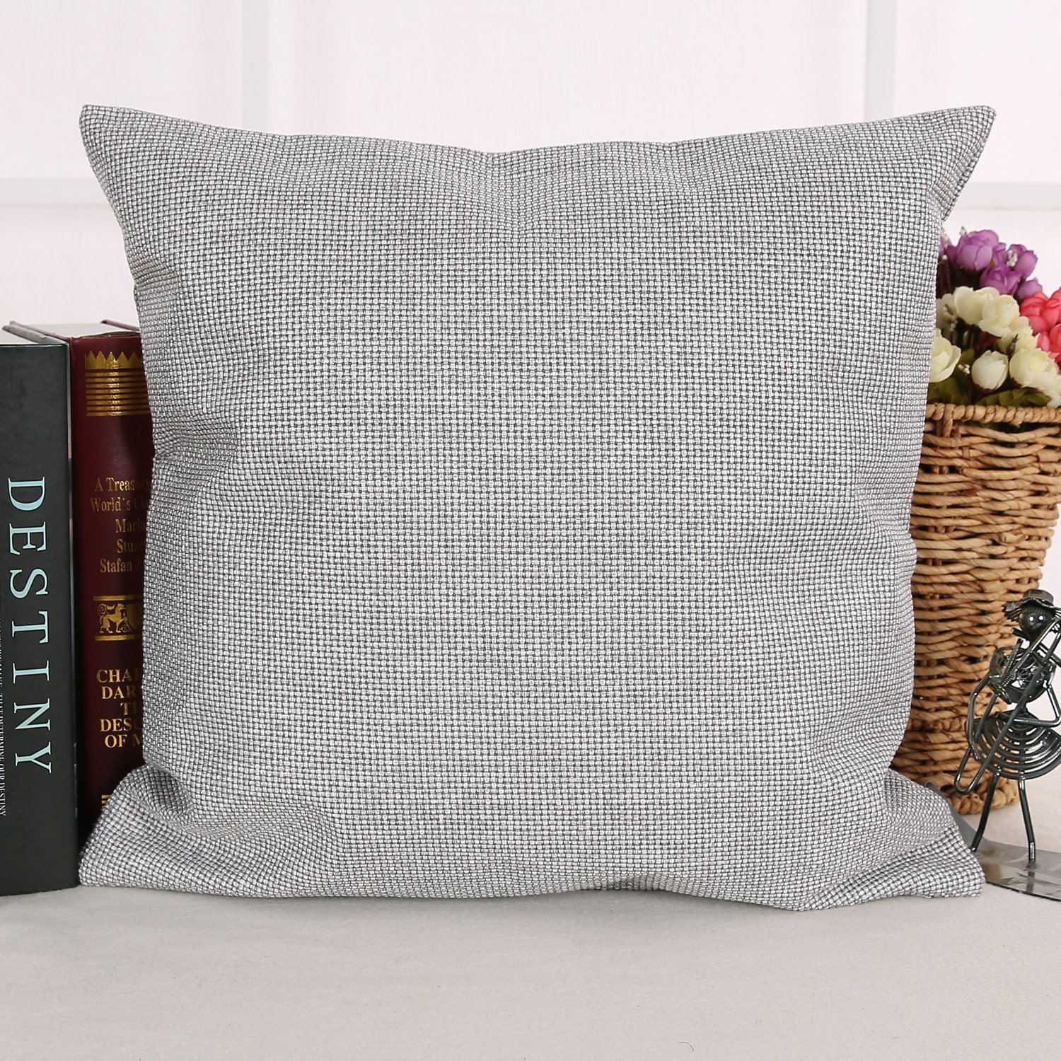 Deconovo Handmade Decorative Throw Pillow Covers 18x18 Inch - Light Grey Faux Linen Cushion Covers for Sofa, Bed, Car & Home Decor