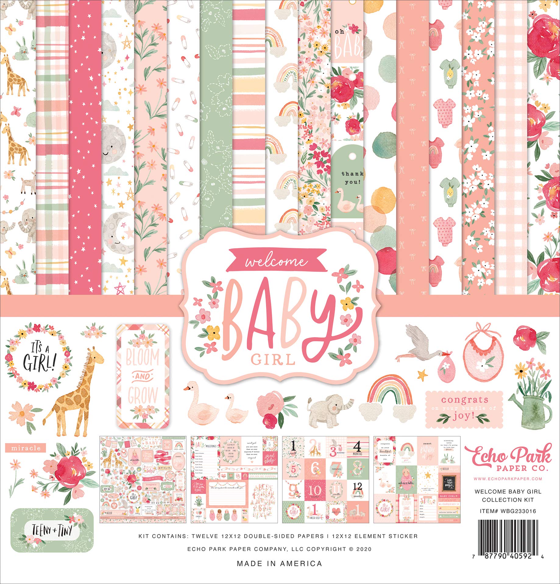 Echo Park Paper Collection Bundle - Welcome Baby Girl 12x12 Scrapbook Kit with Cardstock Elements & Sticker Sheets for Baby Shower, Nursery Decor, and Memory Book Making