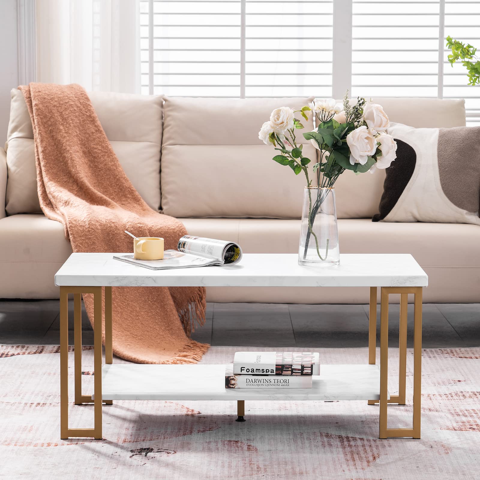 Modern Gold Coffee Table with Faux Marble Top - Rectangular Living Room & Bedroom Furniture - Stylish Centerpiece for Home Decor, Lounge, and Entertainment Areas
