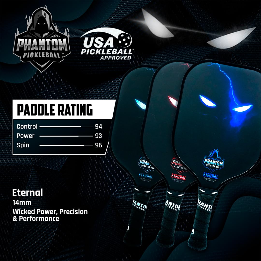 Phantom Pickleball Paddle Eternal 14mm - Carbon Fiber USAPA Approved Paddle with Max Grit & Spin - Lightweight Polypropylene Core Pickleball Racket for Competitive Play & Tournament Use