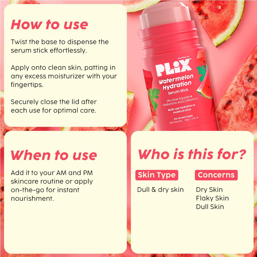 PLIX - THE PLANT FIX Watermelon Hydration Serum Stick (30g) | Instant & Long Lasting Moisturization | Lightweight Quick-Absorbing Face Moisturizer for Dry Skin | Perfect for Travel, Gym & Daily Skincare Routine