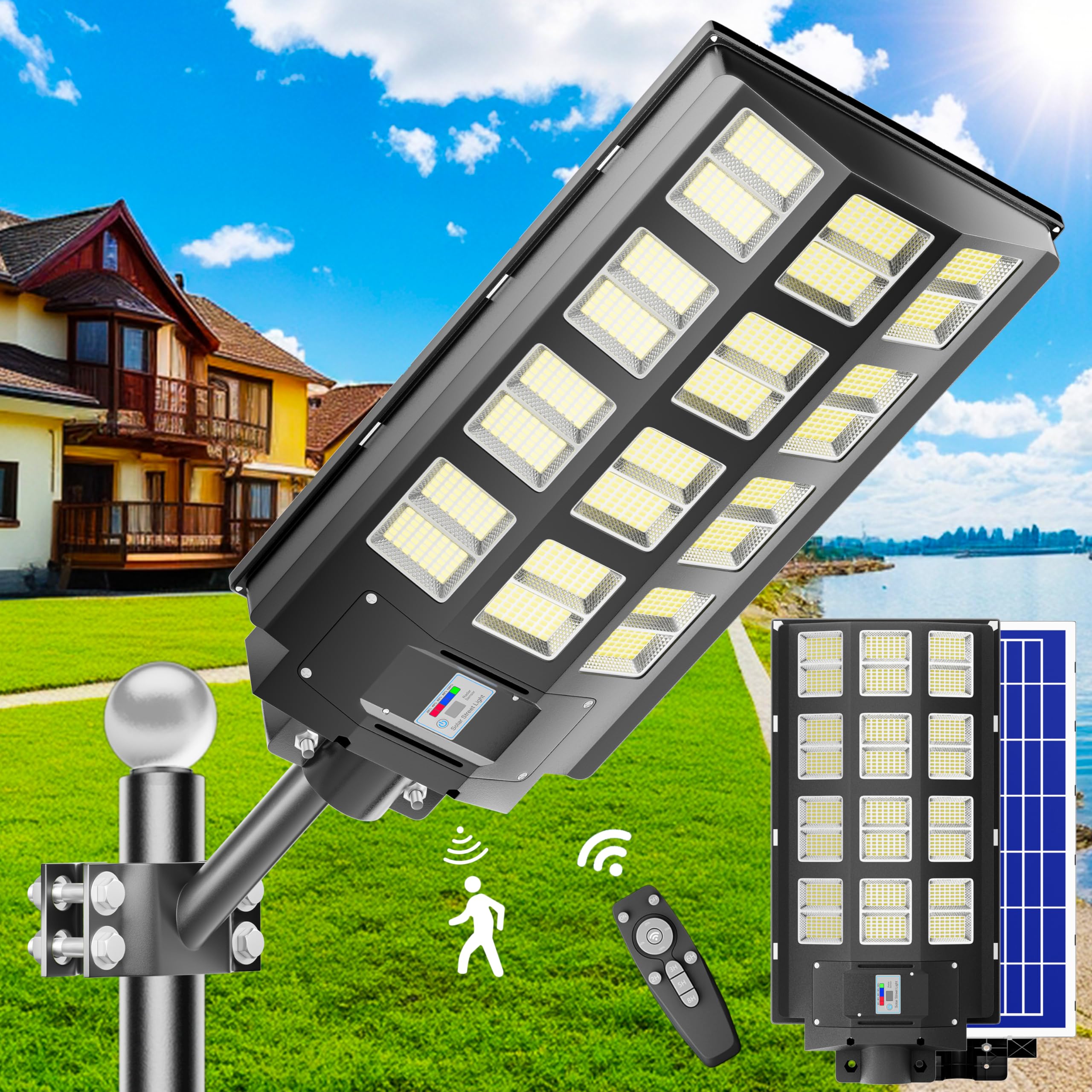 6800W Solar Street Light Outdoor Waterproof - 240000LM 7000K LED Solar Powered Street Lamp with Motion Sensor & Dusk to Dawn - Wide Angle Lighting for Driveway, Garden, Pathway, and Backyard Security