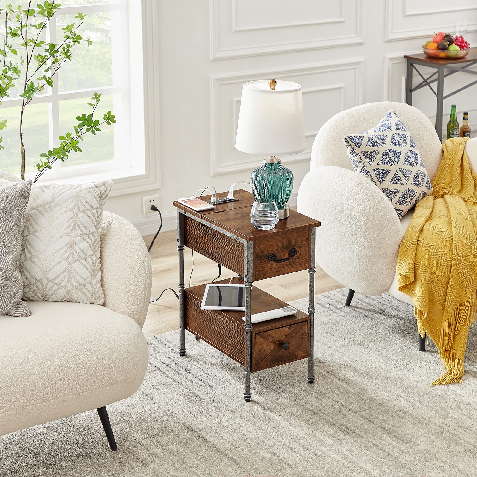 VECELO Narrow End Table with Charging Station - Flip Top Nightstand with USB Ports & Power Outlets, Storage Shelf & Drawer - Rustic Brown Side Table for Living Room, Bedroom, Office - Perfect for Small Spaces & Device Charging