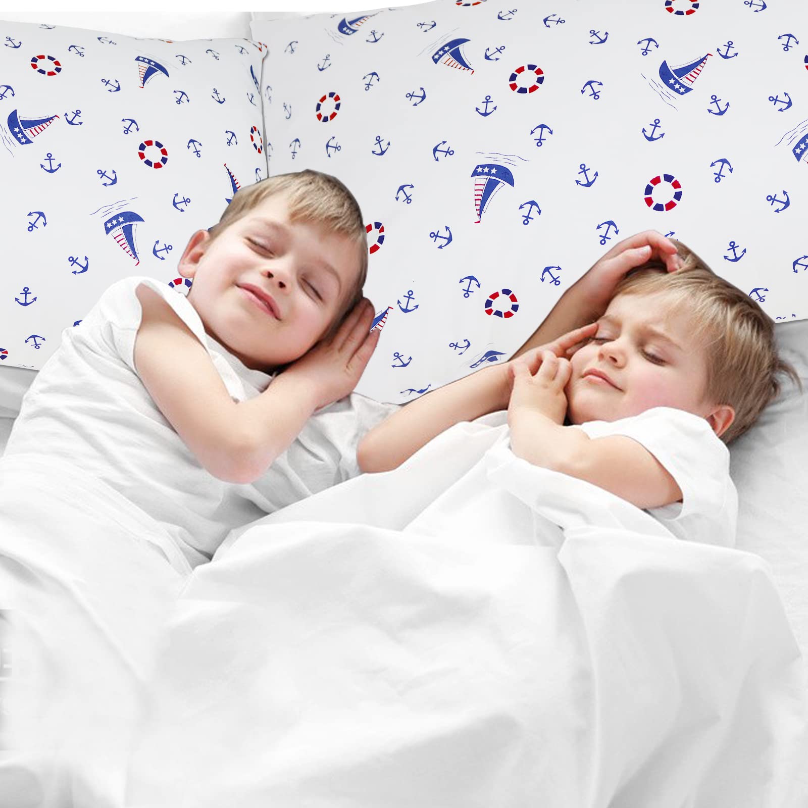 Nautical Anchors Sailboat Pillow Cases - 2 Pack Soft Cotton Breathable Toddler Pillow Covers with Envelope Closure, Standard 20x30 Inch Pillow Shams for Kids Bedding, Travel & Home Decor | Perfect for Nursery, Boat Trips and Coastal Themed Rooms