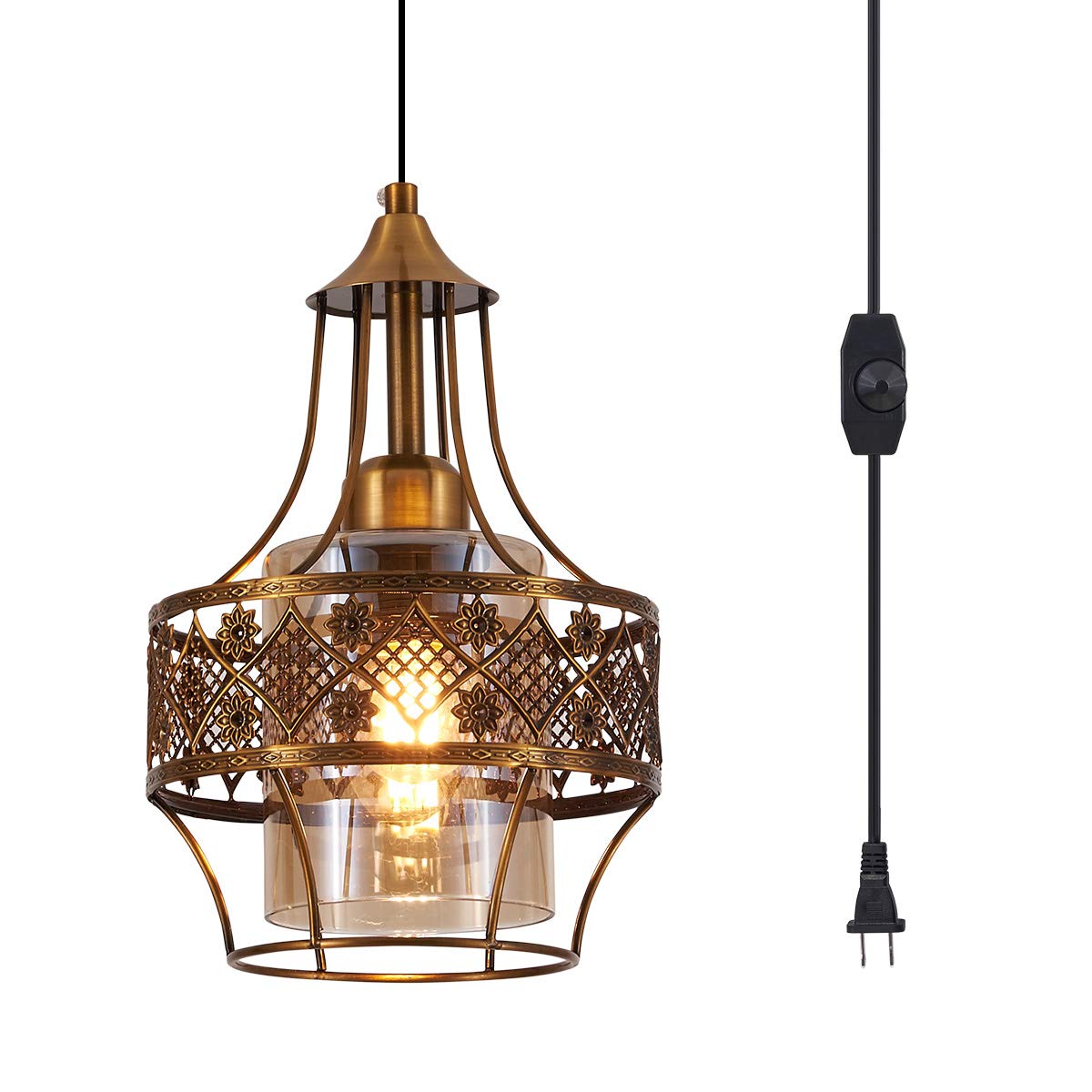 YLONG-ZS Bronze Farmhouse Pendant Light with Amber Glass Shade - Mini Industrial Hanging Chandelier for Kitchen Island, Dining Room, Hallway & Bedroom | Rustic Ceiling Lighting Fixture for Home Decor, Cafe and Restaurant Ambiance