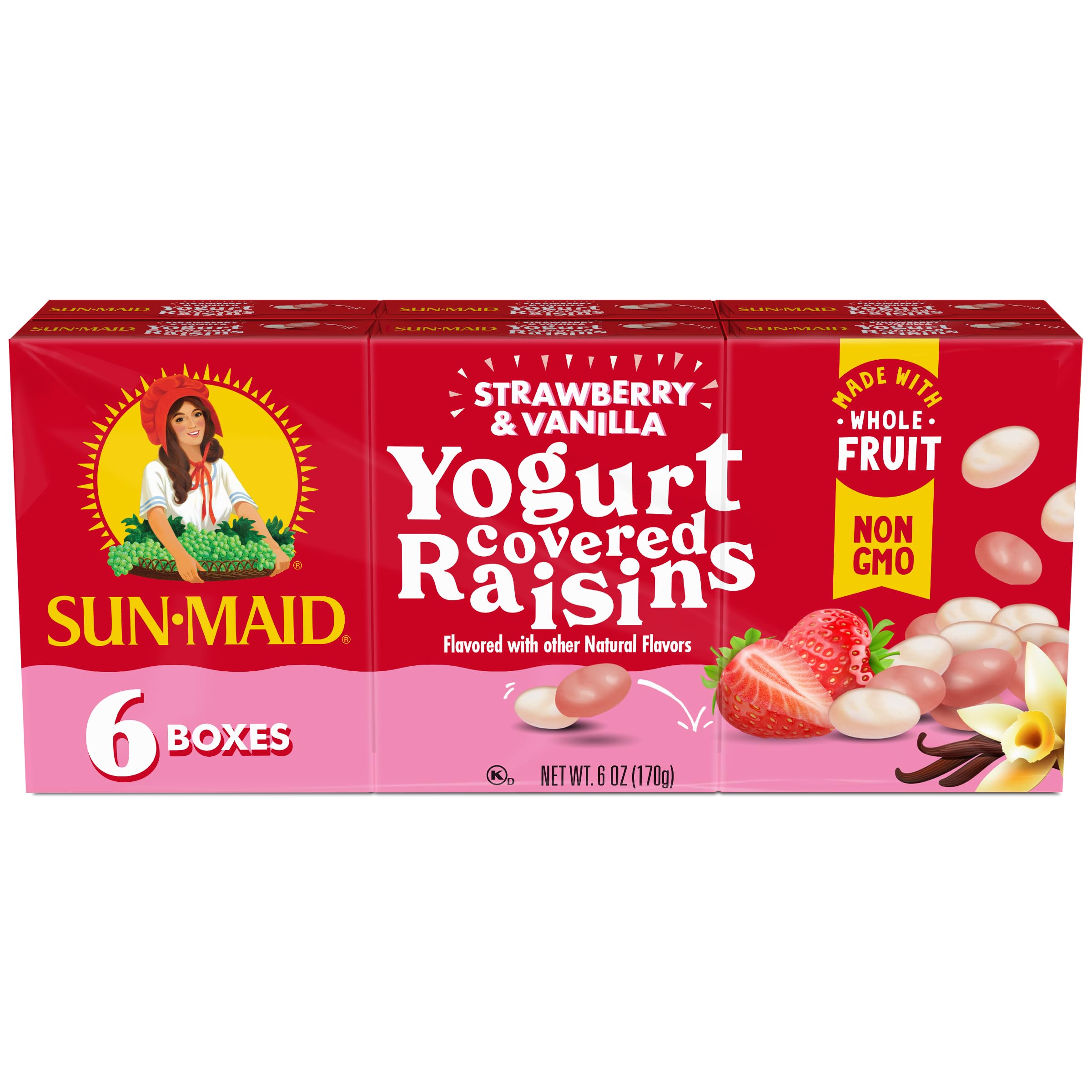 Sun-Maid Strawberry & Vanilla Yogurt Covered Raisins - 6 Pack (1 oz Each) | Healthy Dried Fruit Snacks for Kids & Adults | Perfect for School Lunches, Office Snacks & On-the-Go Energy Boost