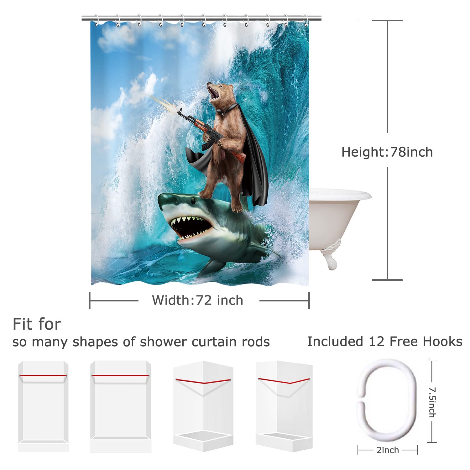 RosieLily Funny Bear Shower Curtain Set with 12 Hooks - 72x78 Inches Cute Bathroom Decor for Kids & Teens - Perfect for Wild Themed Bathrooms, Playful Nursery or Unique Gift Idea
