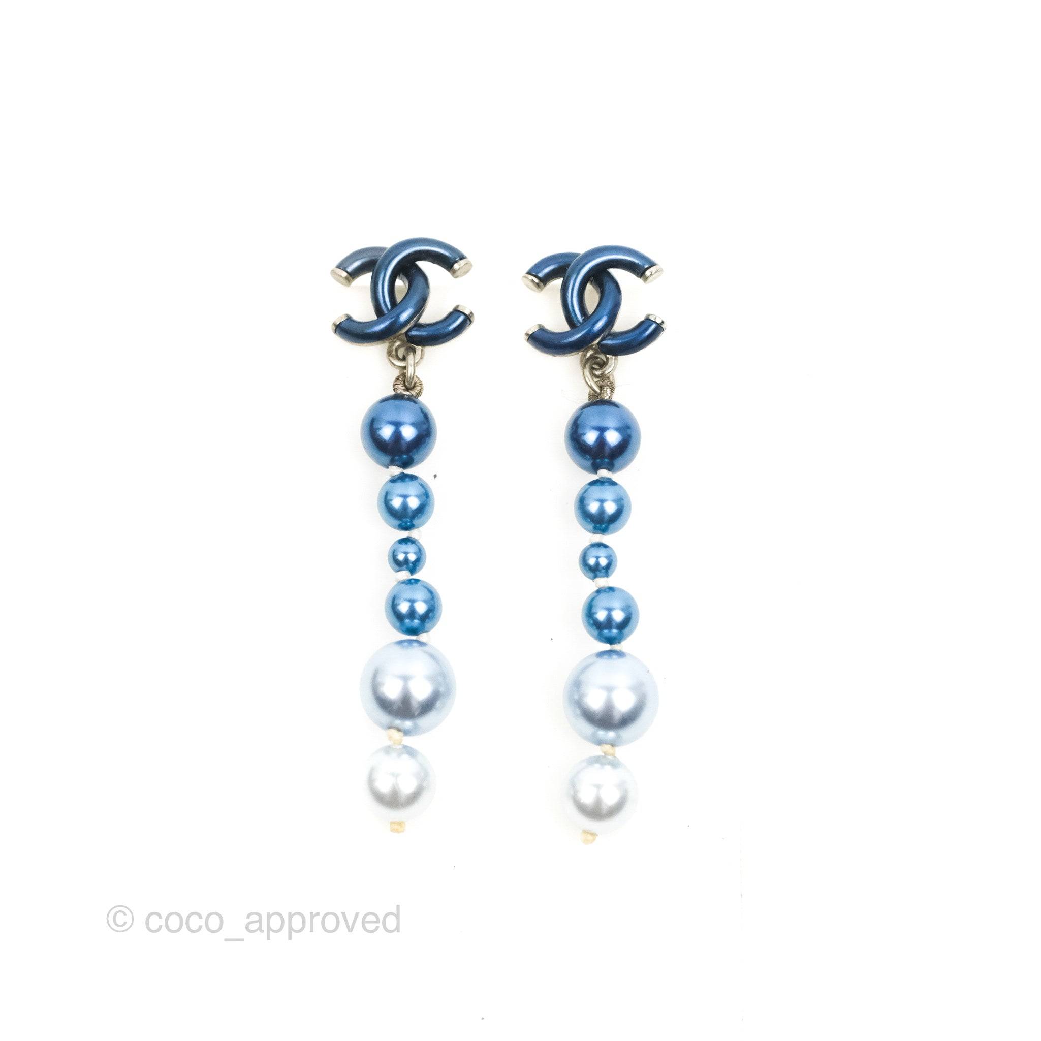 Chanel CC Blue Pearl Drop Earrings - Silver Tone 18S - Elegant Pearl Dangle Earrings for Women | Perfect for Weddings, Parties & Special Occasions