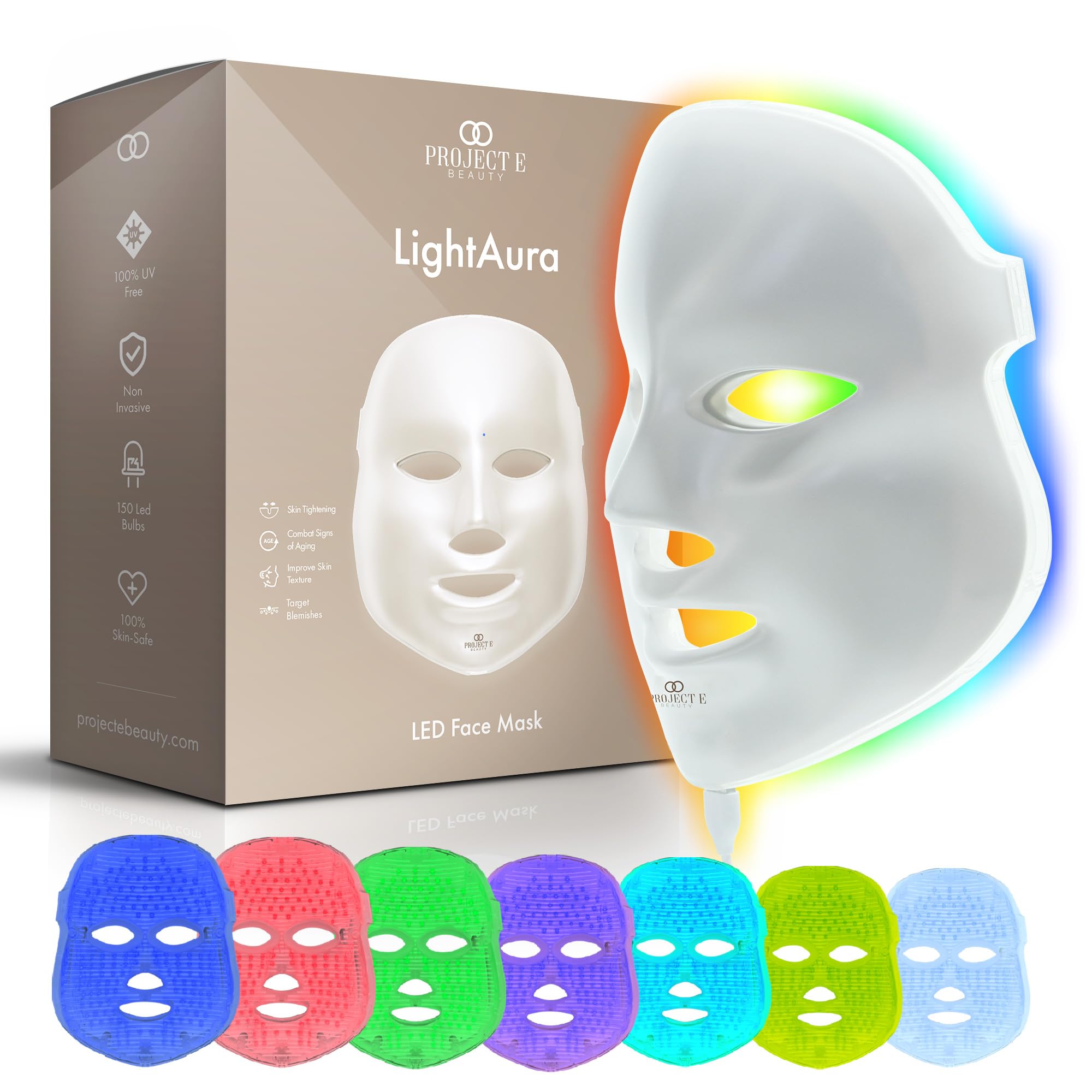 Project E Beauty LightAura LED Face Mask - 7 Color Light Therapy for Anti-Aging, Skin Tightening & Wrinkle Reduction | Brightens Skin, Boosts Collagen & Calms Inflammation | At-Home Facial Skincare Treatment for Spa-Like Results
