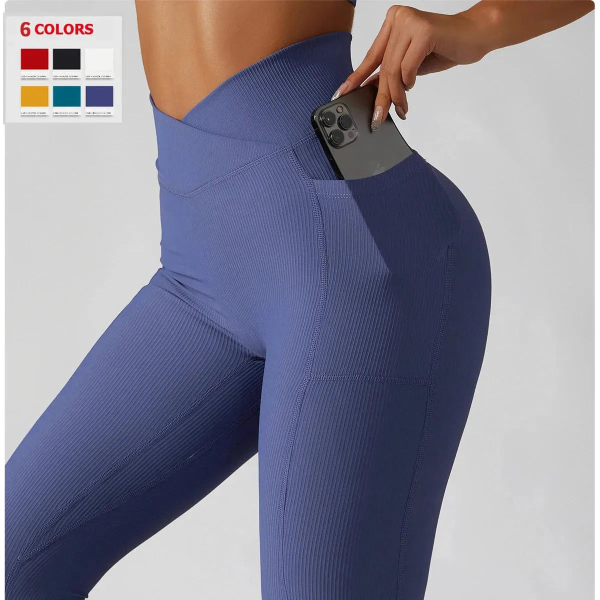 Solid Color Ribbed Yoga Pants for Women with Pockets - High Waist Crossover Fitness Leggings - Butt Lift Workout Running Tights - Perfect for Yoga, Gym, Running & Everyday Wear