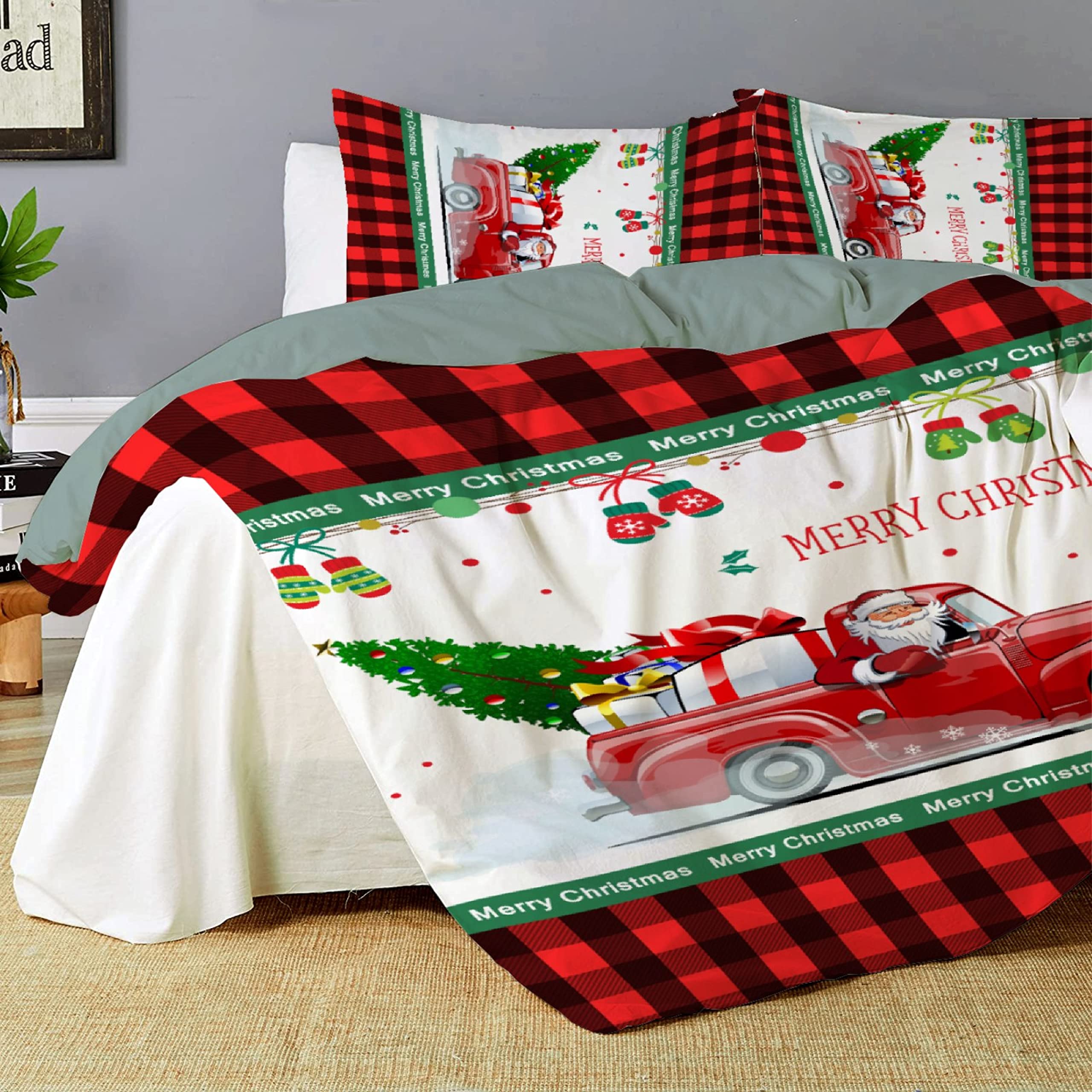 Buffalo Plaid Christmas Truck 3-Piece Duvet Cover Set (King Size) - Includes 2 Pillow Shams, Soft Microfiber Lightweight Comforter Cover with Zipper Closure - Cozy Holiday Bedding for Winter Home Decor