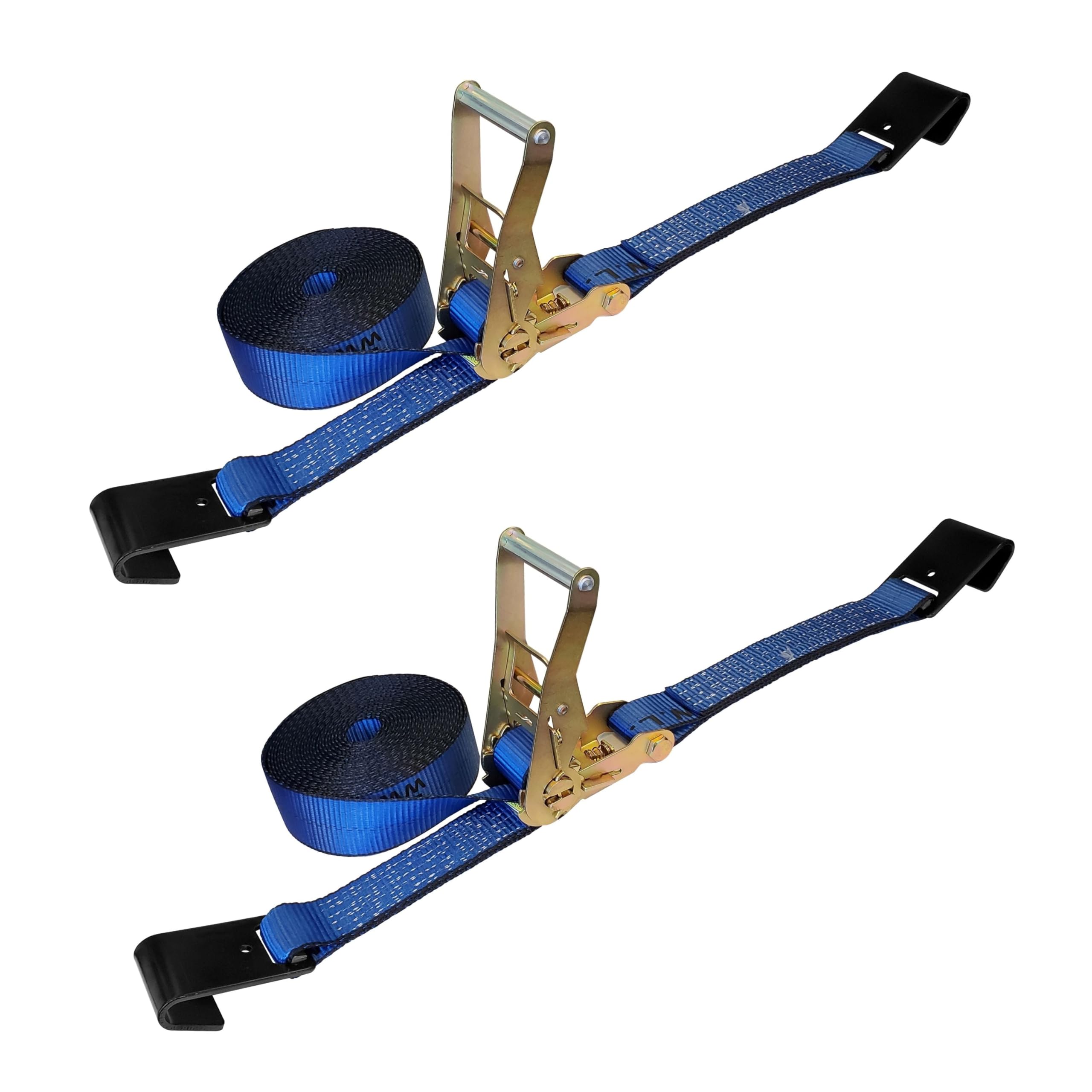 Heavy Duty Flat Hook Ratchet Straps (2-Pack) - 2 Inch x 60 Foot, 10,000 lbs Break Strength - Blue Tie Down Straps for Flatbed Trailers, Trucks & Cargo Securing - Perfect for Transporting Motorcycles, ATVs & Furniture