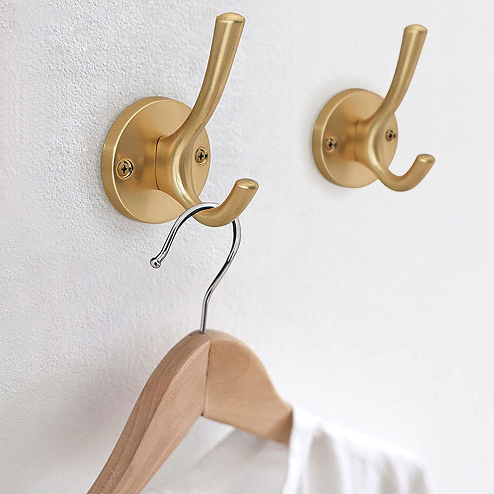 CALIDAKA 4 Pack Gold Wall Hooks - Heavy Duty Metal Coat Hooks for Hanging Coats, Hats & Towels - Double Hooks for Bathroom, Bedroom & Entryway - Rustproof Wall Mounted Hooks for Home & Office Organization
