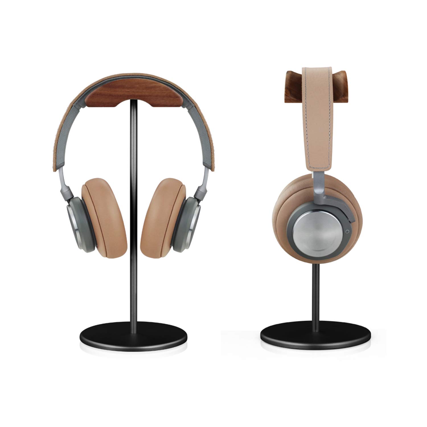 Premium Walnut Wood & Aluminum Headphone Stand with Heavy Base - Universal Gaming Headset Holder for All Sizes (Black) - Perfect for Desk Organization & Gaming Setup Accessories
