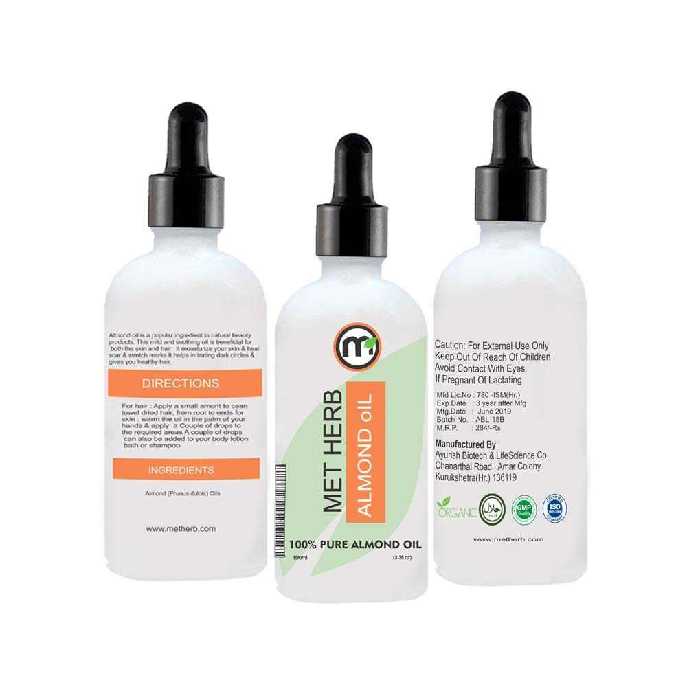 Pure Organic Almond Essential Oil by Metherb - 100ml for Aromatherapy, Massage & Skin Care