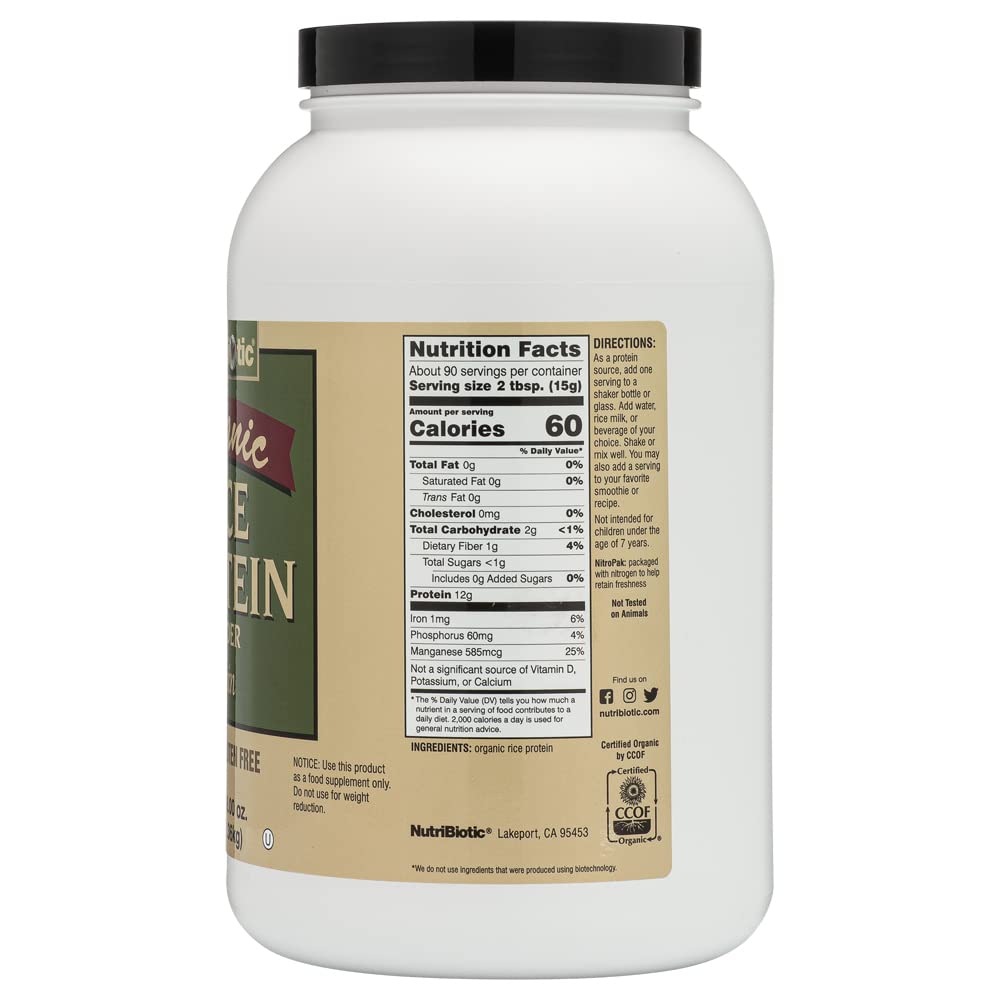 NutriBiotic Organic Rice Protein Powder - 3lb | Vegan, Keto & Kosher Certified | Low Carb, Gluten-Free, Non-GMO | Easy Digest Plant-Based Protein for Smoothies, Baking & Post-Workout Recovery