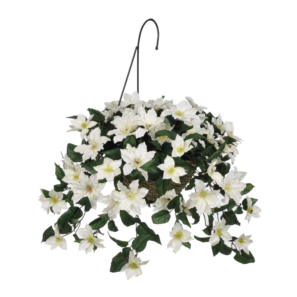 Artificial White Clematis Silk Flowers in Natural Water Hyacinth Hanging Basket - Perfect for Porch Decor, Wedding Centerpieces & Home Garden Decoration