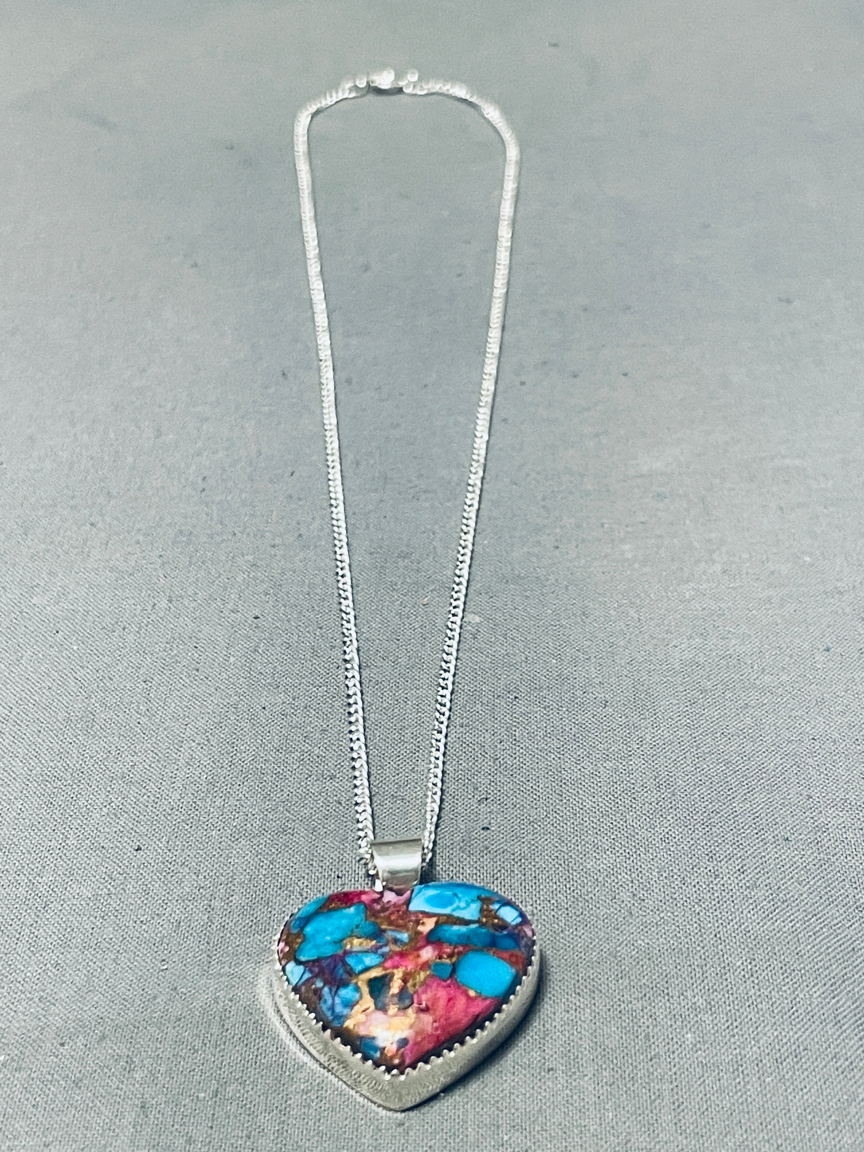 Authentic Navajo Sterling Silver Multi-Color Heart Pendant Necklace | Handmade Native American Jewelry | Perfect for Boho Fashion & Gift Giving