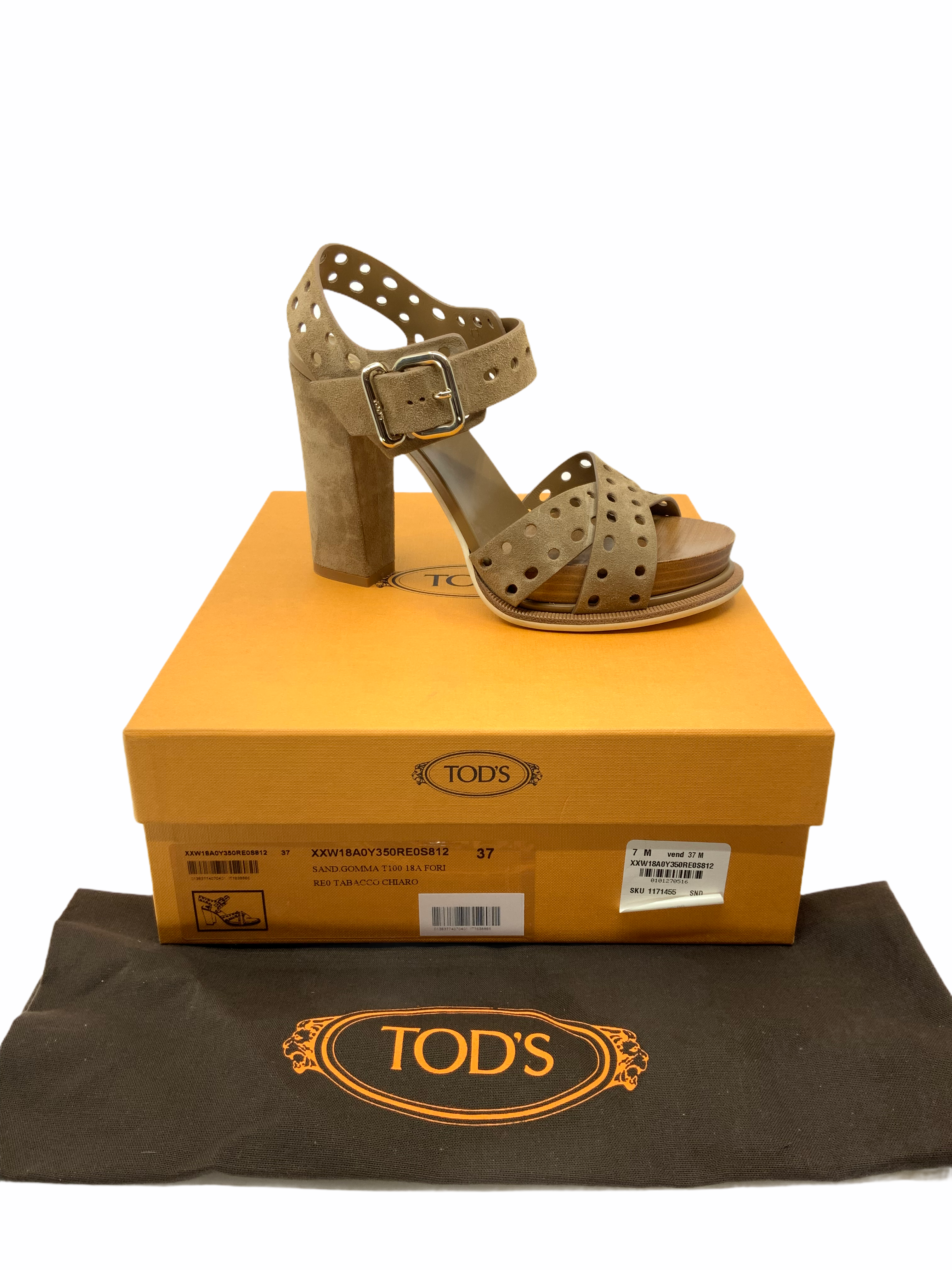 Tod's Women's Perforated Suede Block Heel Sandals Size 7 | Comfortable Summer Dress Shoes for Weddings & Parties