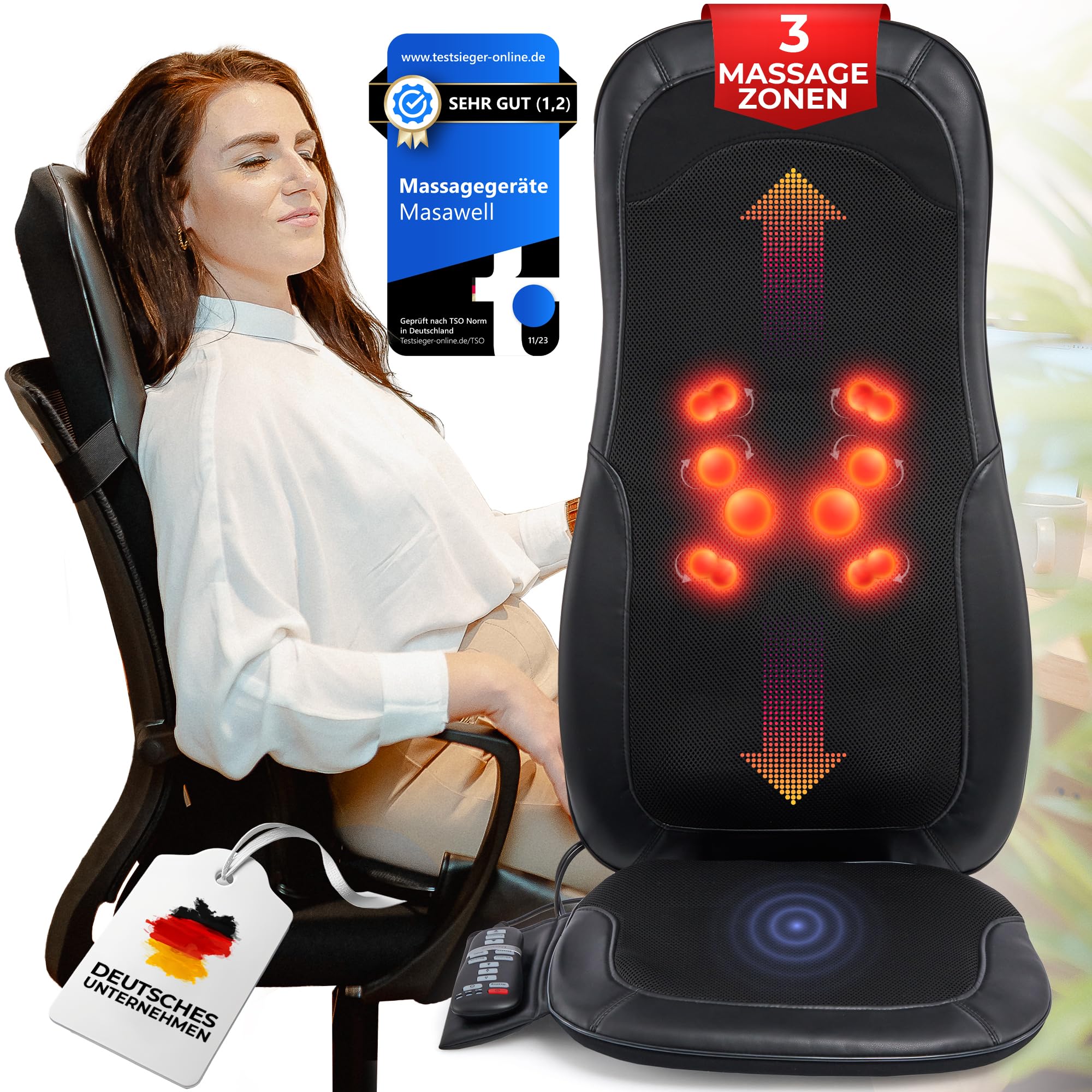 Masawell MW21 Shiatsu Massage Seat Cushion with Heat & Vibration - Wide Back Technology for Deep Tissue Back & Shoulder Pain Relief - Portable Massager Pad for Home, Office & Car Use