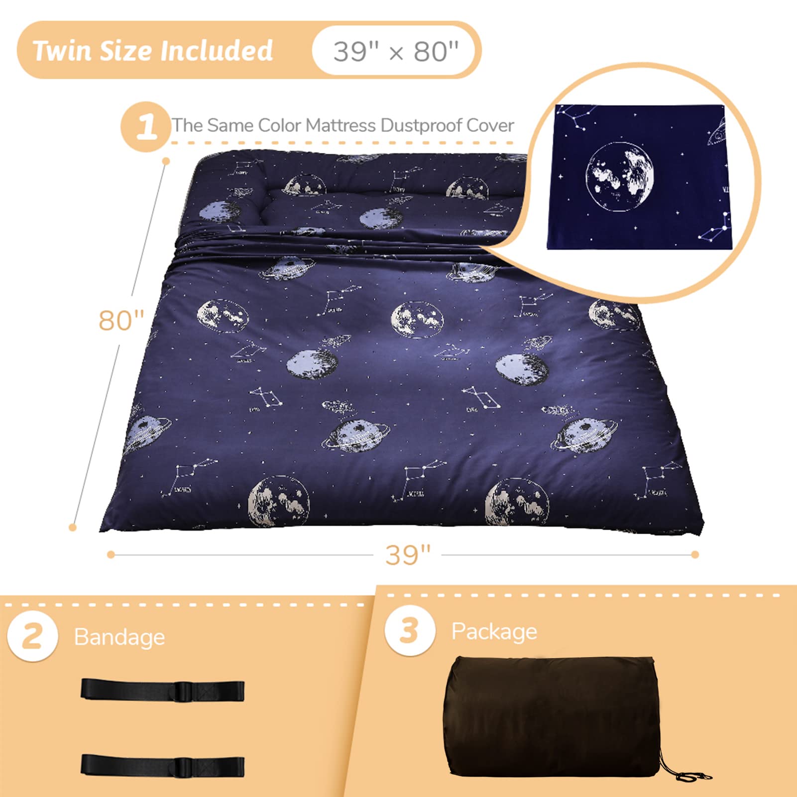 Navy Space Adventure Japanese Floor Futon Mattress - Thick Tatami Mat Sleeping Pad, Foldable Bed Roll for Kids & Adults - Twin Size Floor Lounger for Bedroom, Living Room & Travel