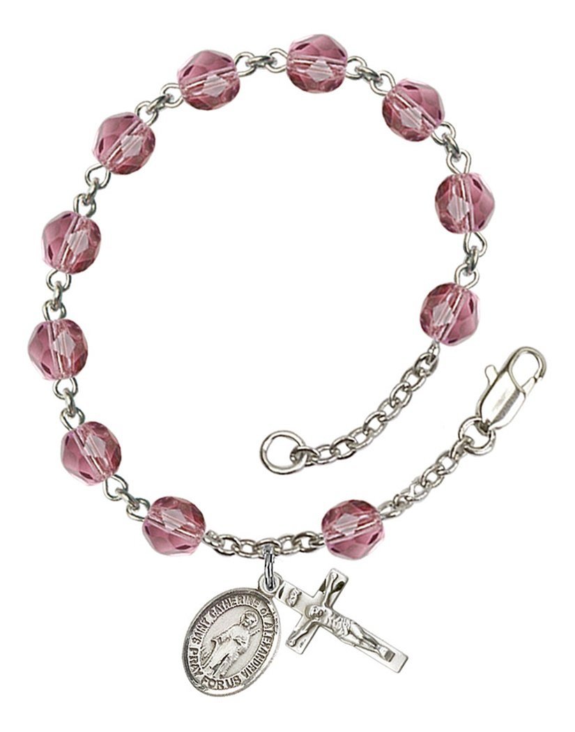 February Birthstone Beaded Rosary Bracelet with St. Catherine of Alexandria Charm - 7.5 Inch Catholic Prayer Jewelry for Women, Gift for Baptism, First Communion & Spiritual Protection