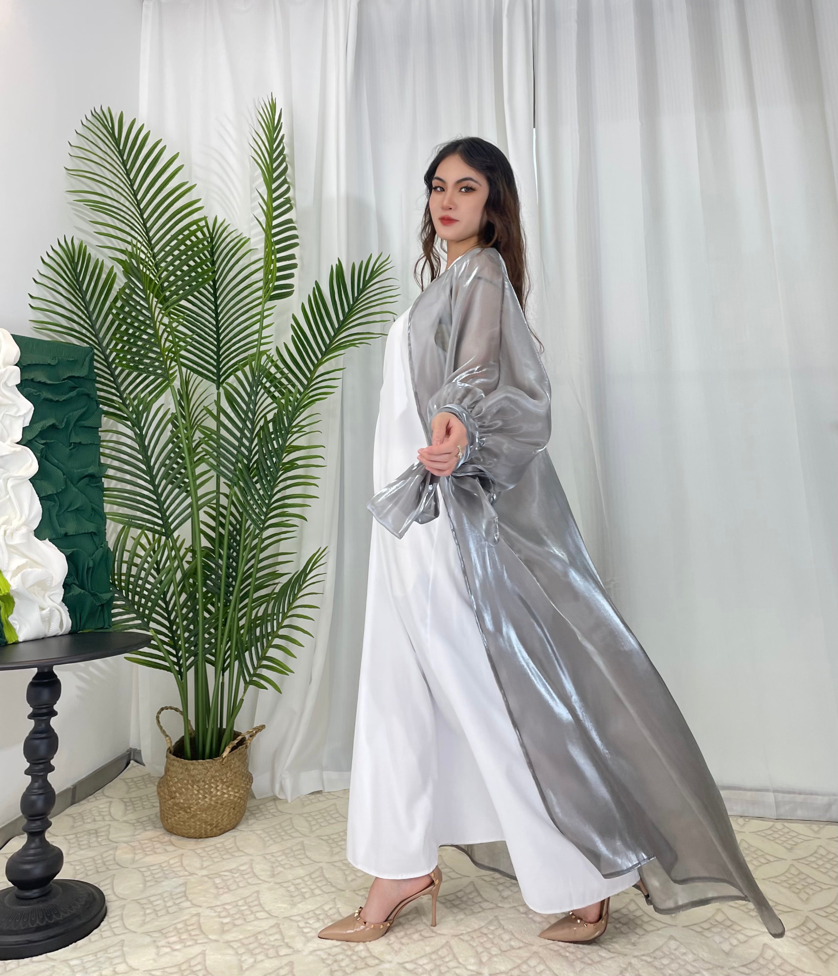 Luxury Open Front Abaya Dress for Women - Elegant Organza Fabric with Silk-Like Sheen - Plus Size Options Available - Perfect for Special Occasions, Weddings & Evening Events