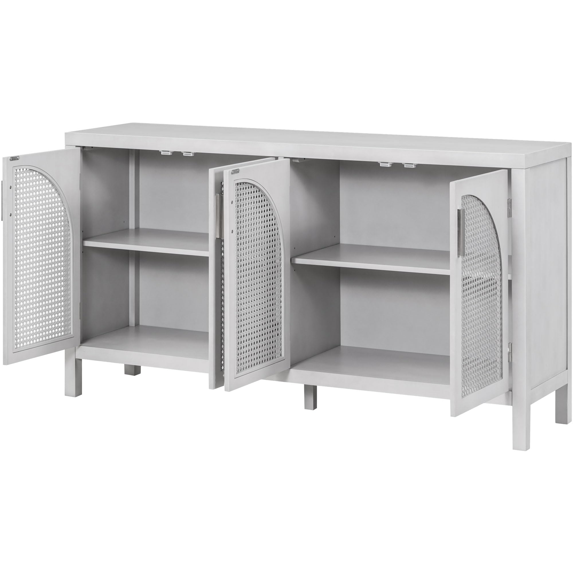Modern Gray Wooden Sideboard with Artificial Rattan Doors & Metal Handles - 4-Door Storage Cabinet with Adjustable Shelf, Stylish Console Table for Dining Room, Living Room & Entryway - Perfect for Home Organization & Decor