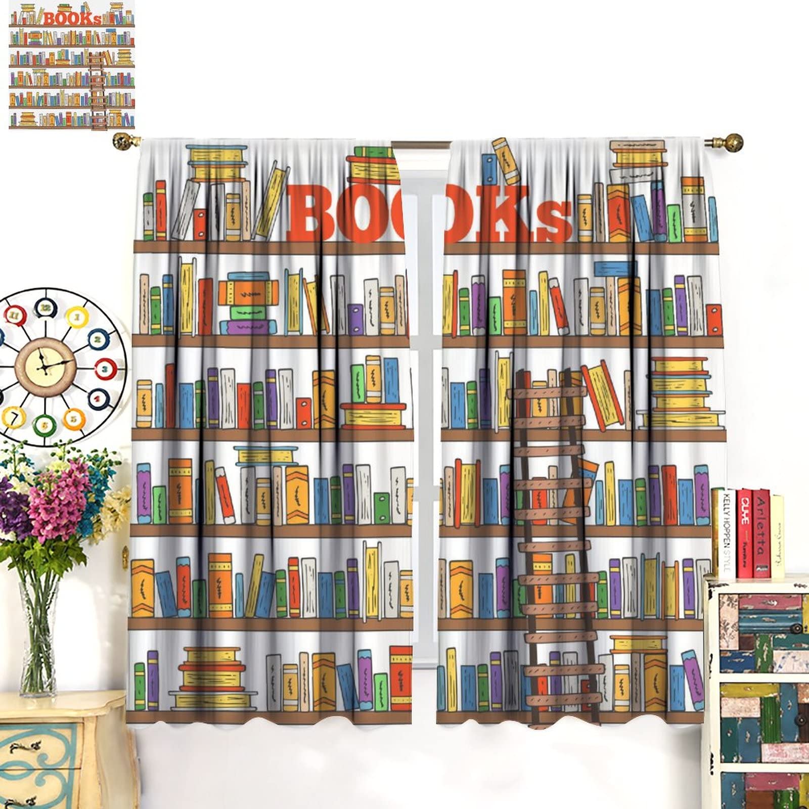 Modern Bookshelf Blackout Curtains - 42x45 Inch Jacquard Library Ladder Design for Kids Room & Bedroom Decor - Perfect for Reading Nooks, Study Areas, and Nursery Blackout Solutions