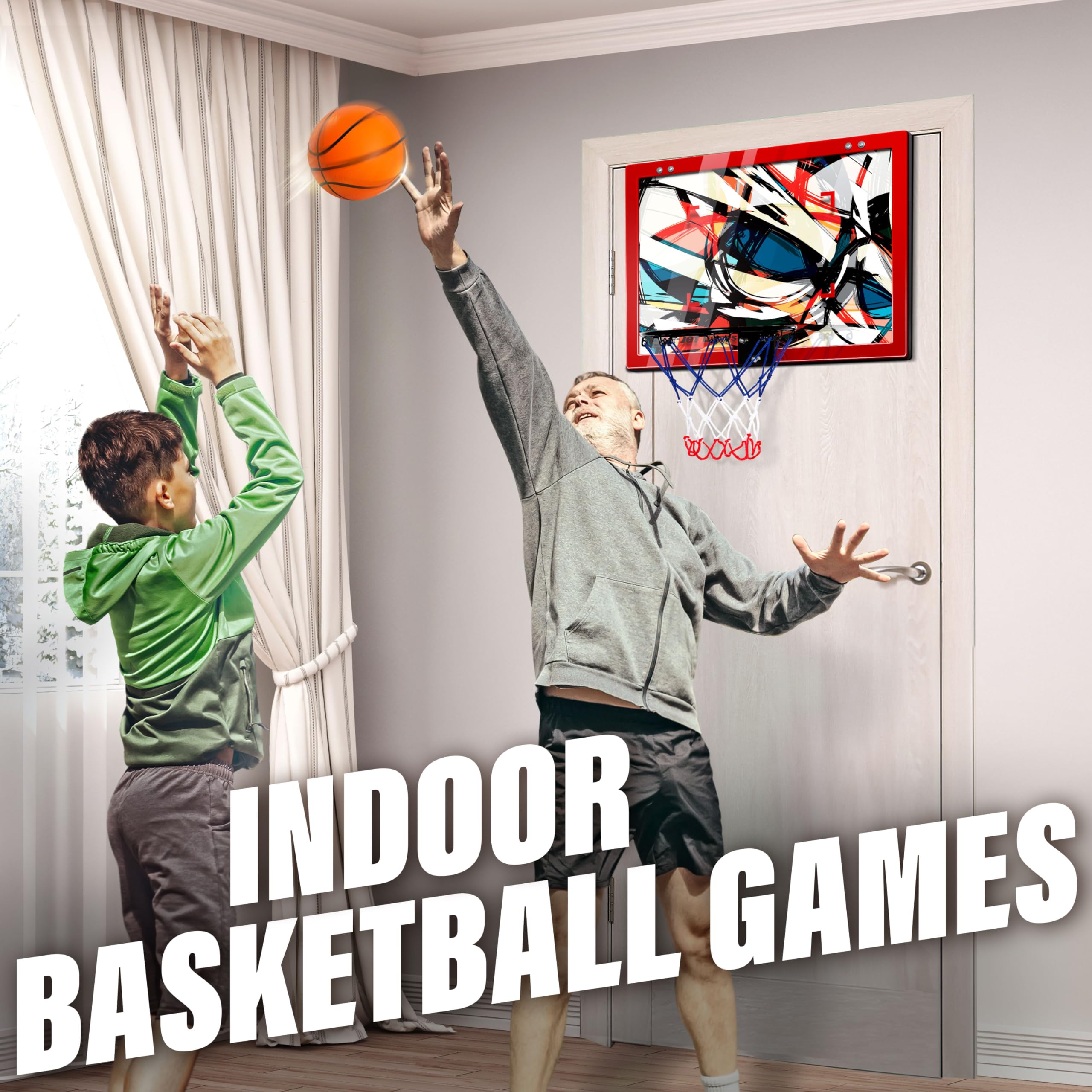 Mini Basketball Hoop with Replaceable Backboard Cards - Over The Door & Wall Mounted Indoor Basketball Game for Kids & Adults - Perfect for Bedroom, Office & Playroom Fun