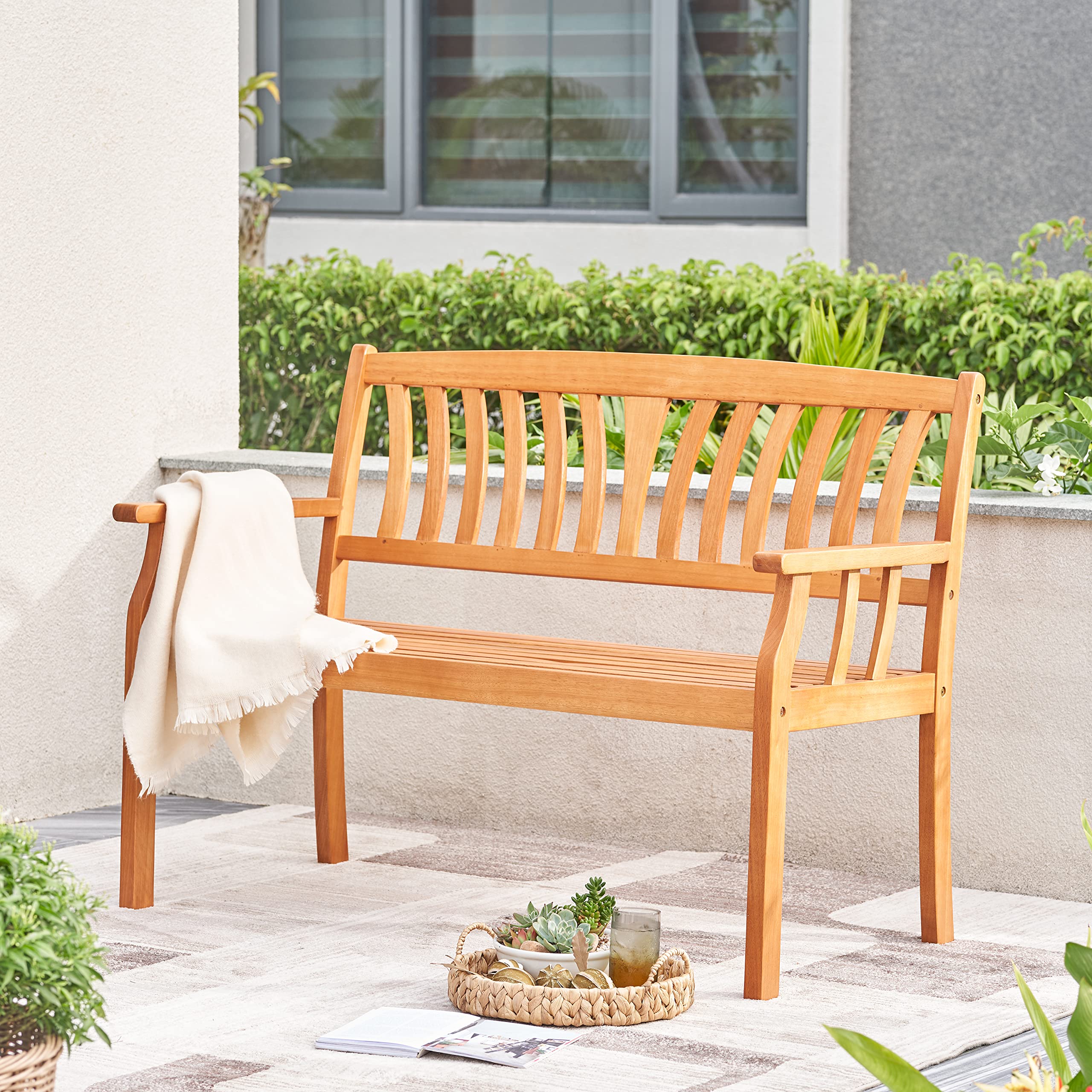 VIFAH V1963 4ft Outdoor Wooden Bench - Natural Eucalyptus Wood Patio Love Seat with Armrests & Backrest - Perfect for 2-Person Seating in Garden, Backyard, Poolside, Deck or Outdoor Living Spaces