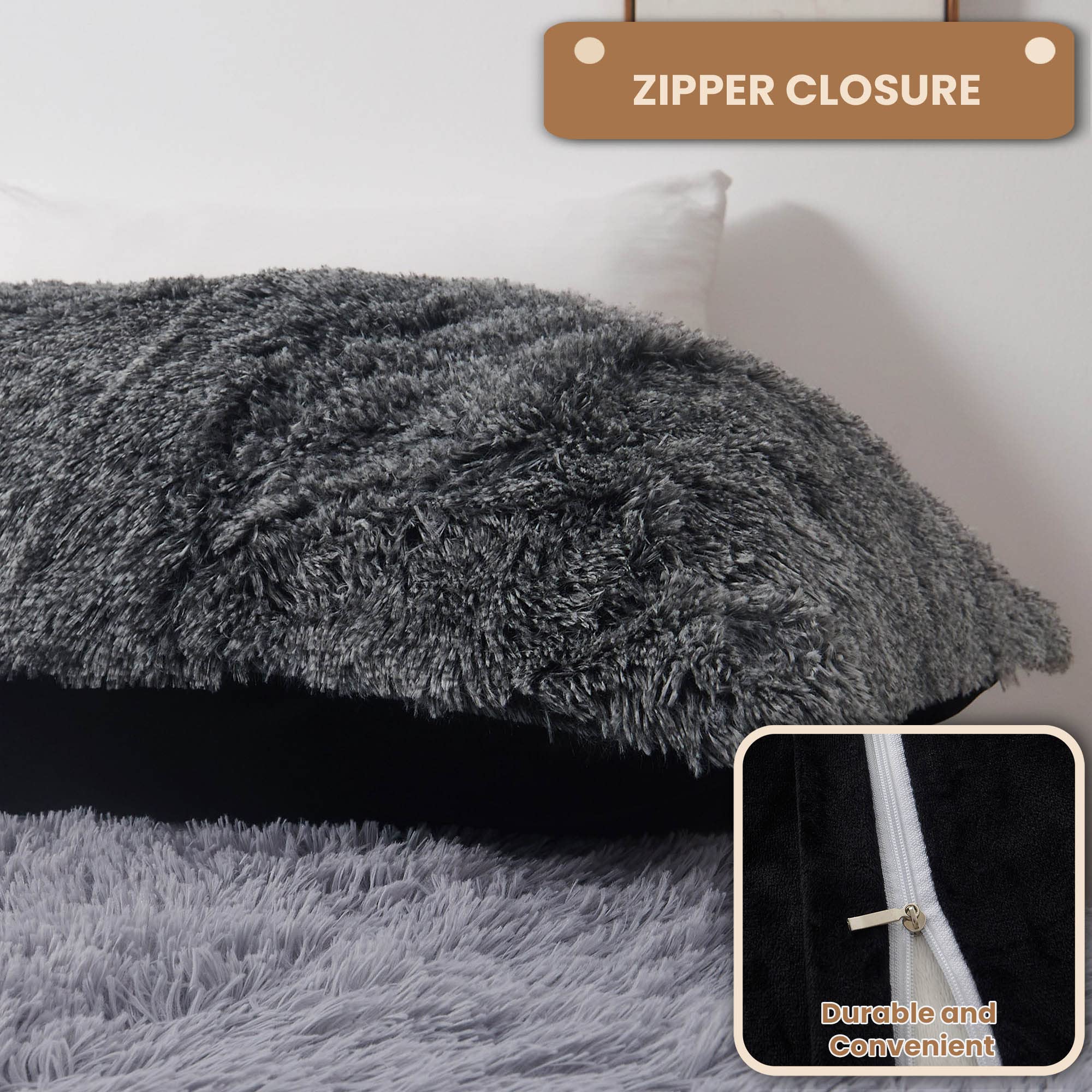 Soft Fluffy Faux Fur Body Pillow Cover - 20x54 Inch Black Ombre Shaggy Pillowcase with Zipper | Cozy Long Rectangular Throw Pillow Cover for Bed, Couch & Boho Decor