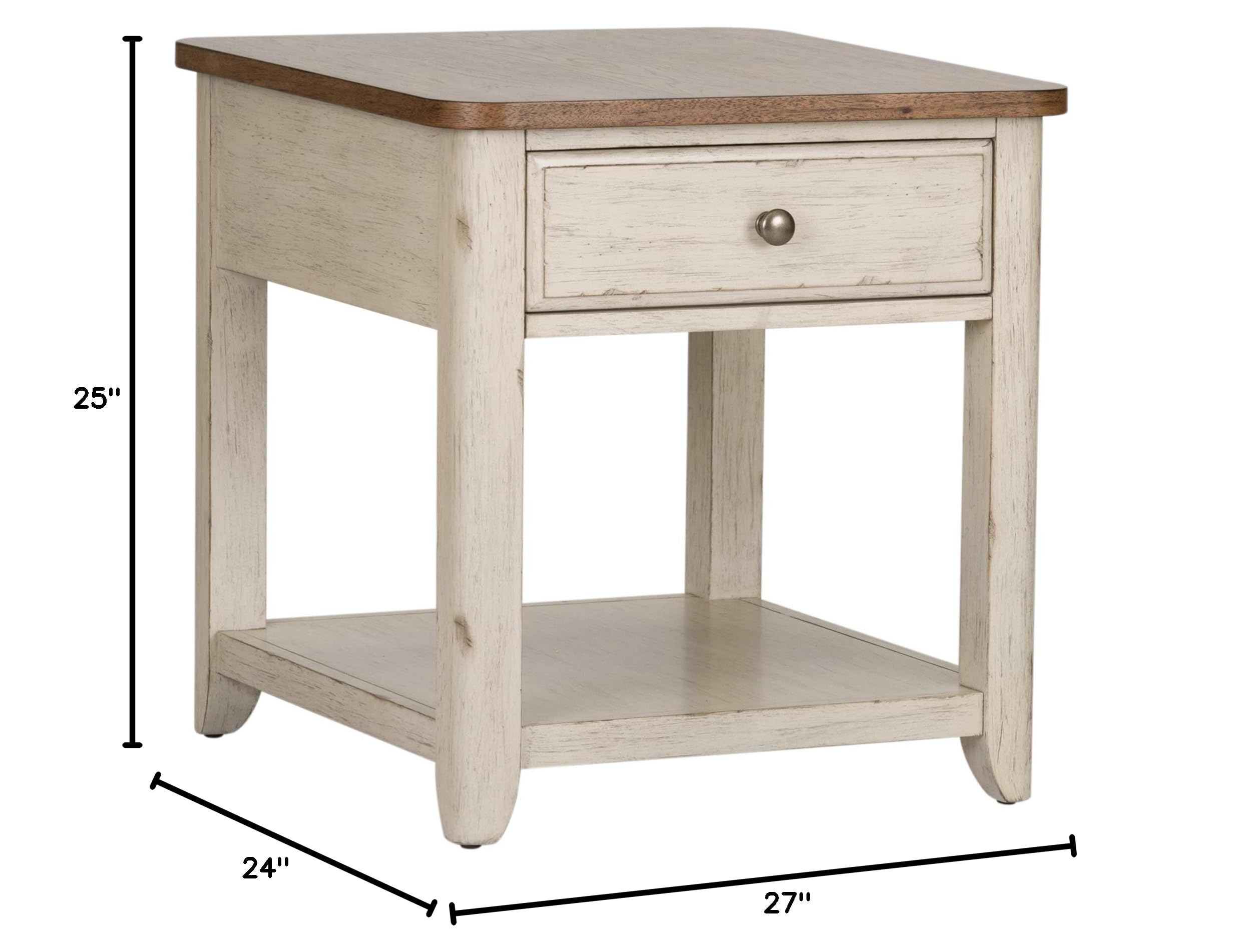 Farmhouse Style End Table with Storage Basket - White Distressed Finish - 24