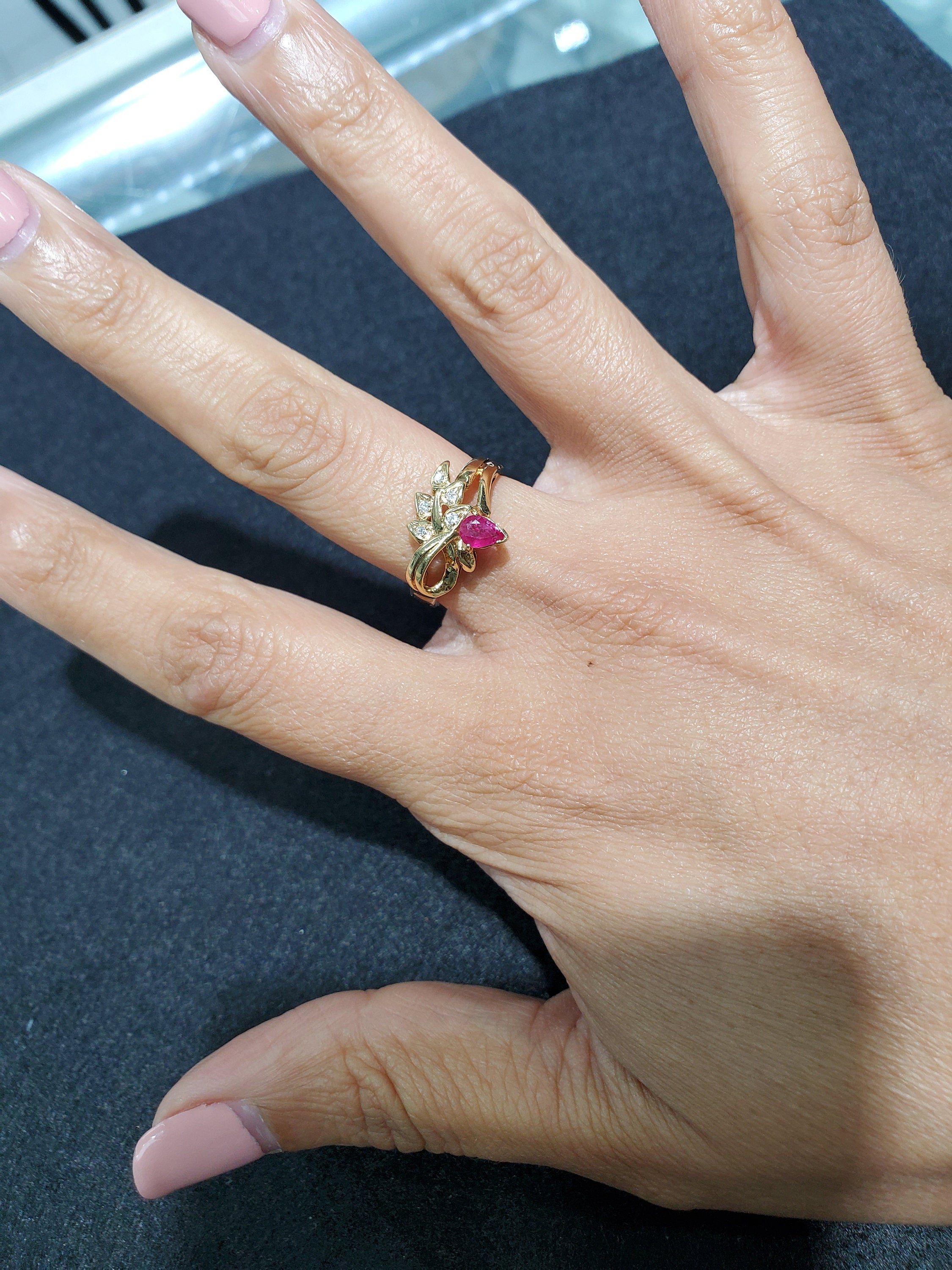 14K Yellow Gold Pear-Shaped Ruby and Diamond Ring - Elegant Jewelry for Engagement, Anniversary & Special Occasions