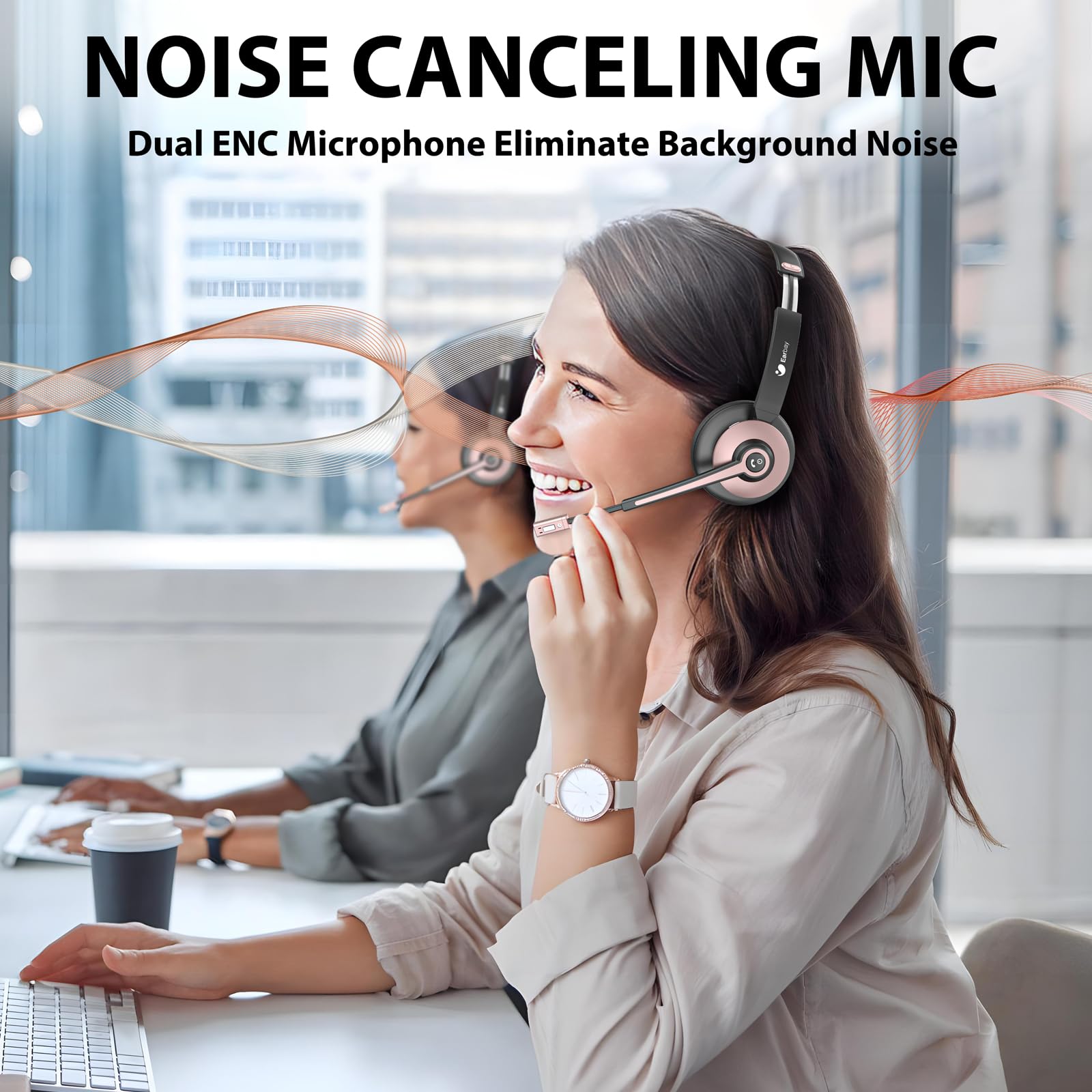 Wireless Bluetooth Headset with Microphone - Noise Cancelling USB Headphones for Office, 26+ Hours Battery Life, Mute Button - Perfect for Call Centers, Laptop, MS Teams, Zoom Meetings & Conference Calls (Hands-Free Work Headset)
