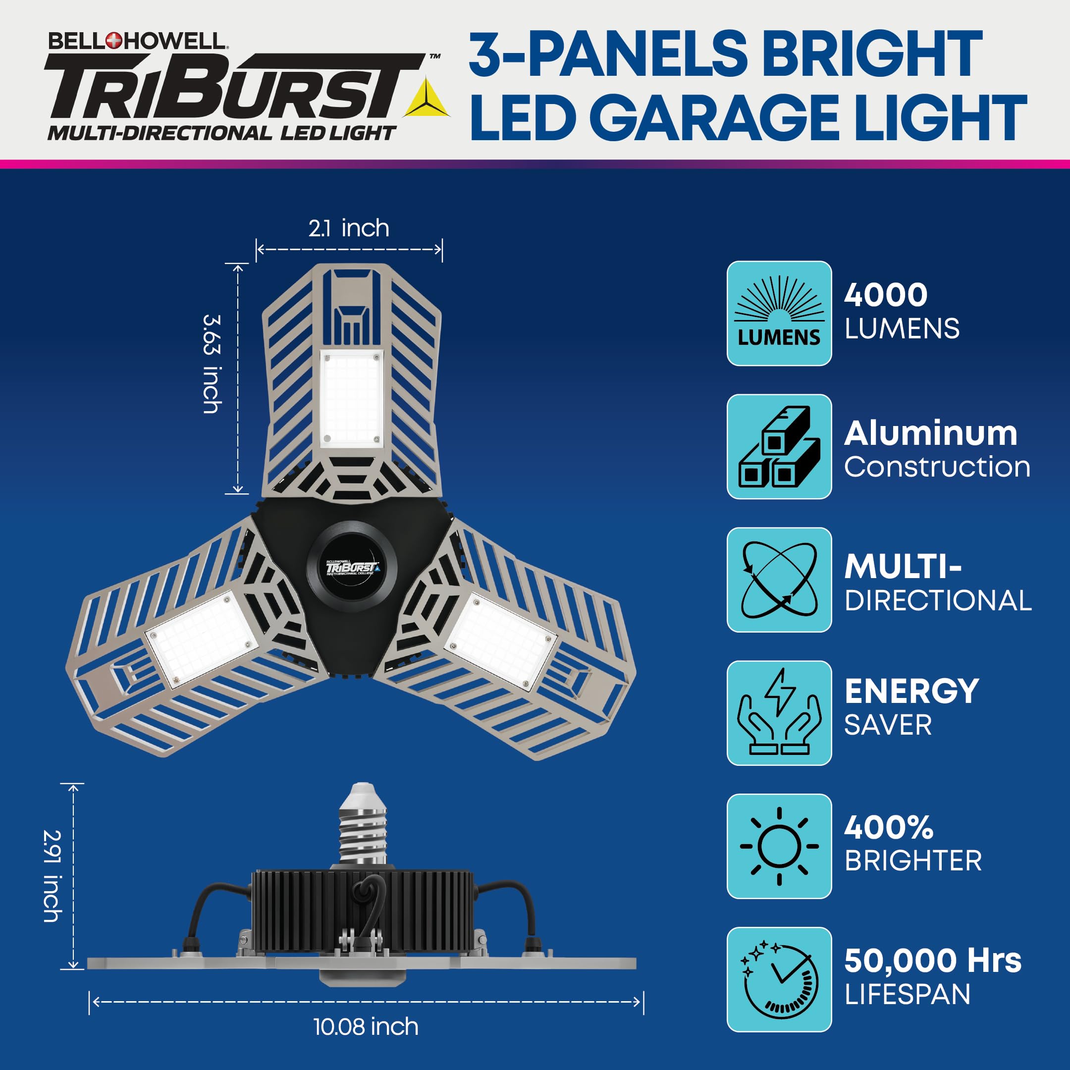 Bell+Howell TRIBURST 4000 Lumen LED Garage Lights - Ultra Bright 6500K Daylight White Ceiling Light with 144 LEDs & Adjustable Triple Panel (2-Pack) - Perfect for Garage, Workshop, Basement, Living Room and Indoor Spaces