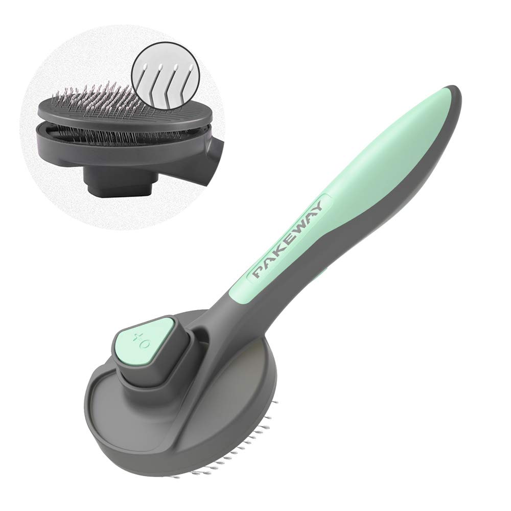 PAKEWAY Self-Cleaning Cat & Dog Grooming Brush with Release Button - Gentle Pet Hair Brush for Short, Medium & Long Haired Cats - Perfect for Indoor Cats & Home Grooming (Green)