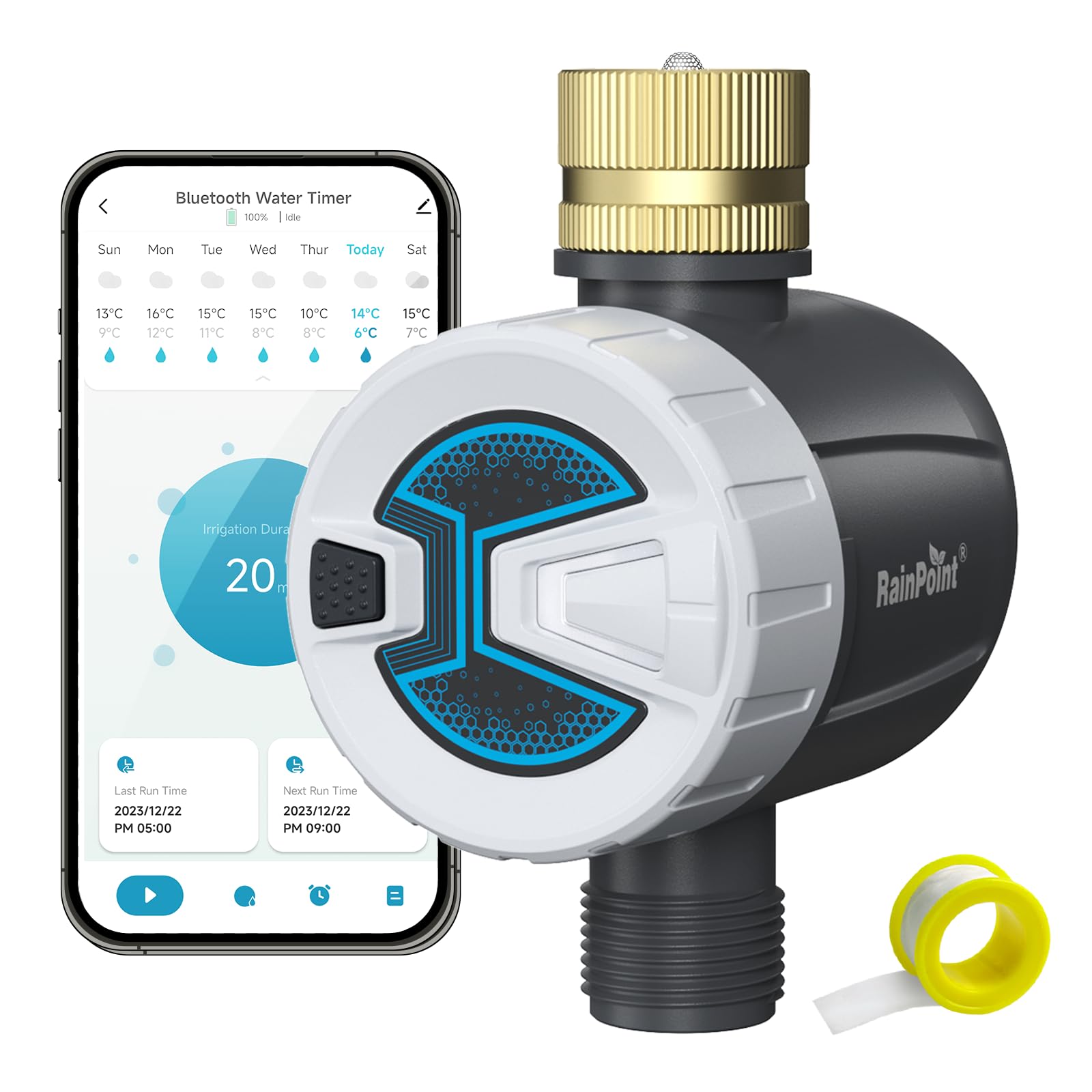 RainPoint Bluetooth Smart Hose Timer with Brass Inlet - Automatic Water Timer for Garden Hose & Sprinkler System | App Control, Rain Delay, Manual/Auto Modes | Perfect for Lawn, Garden & Plant Watering