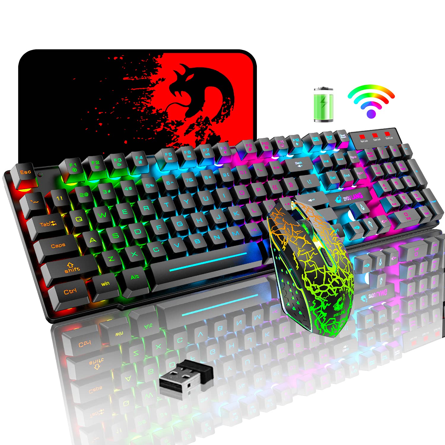 Wireless Gaming Keyboard and Mouse Combo - RGB Backlit Mechanical Feel Keyboard, 7-Color Gaming Mouse with 3800mAh Rechargeable Battery & Mouse Pad for PC Windows Gamers (Black) | Perfect for Esports, Streaming & Office Work