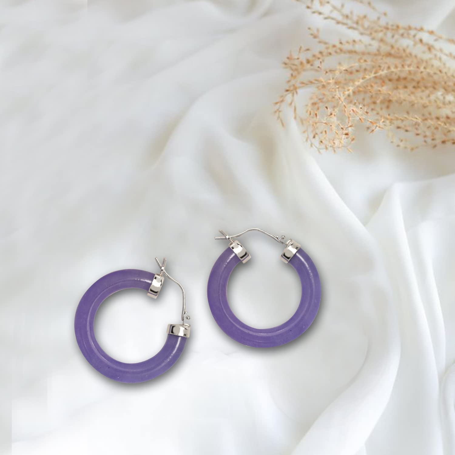 Sterling Silver Onyx, Lavender Jade, or Green Jade Hoop Earrings for Women - 4mm x 26mm Dainty Tube Hoops - Elegant Jewelry for Everyday Wear, Office, Parties & Special Occasions