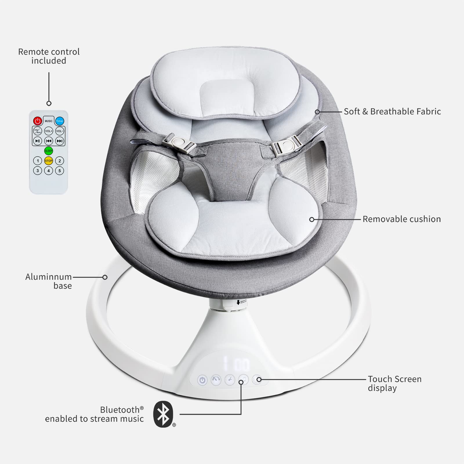 Lupfung Bluetooth Baby Swing with 5 Motion Modes, LED Touch Panel & Music Speaker - Gentle Infant Rocker for Newborns (Gray) - Perfect for Nursery, Daycare & Soothing Fussy Babies