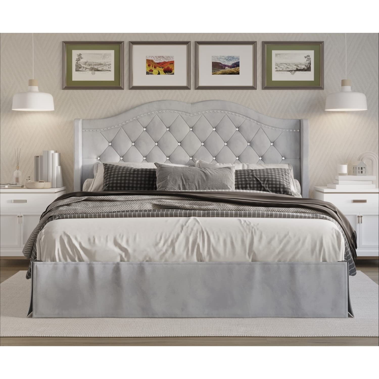 Overstock Bruce Tufted Upholstered Platform Bed Frame - King Size, Silver Grey | Modern Bedroom Furniture for Master Suite & Guest Room