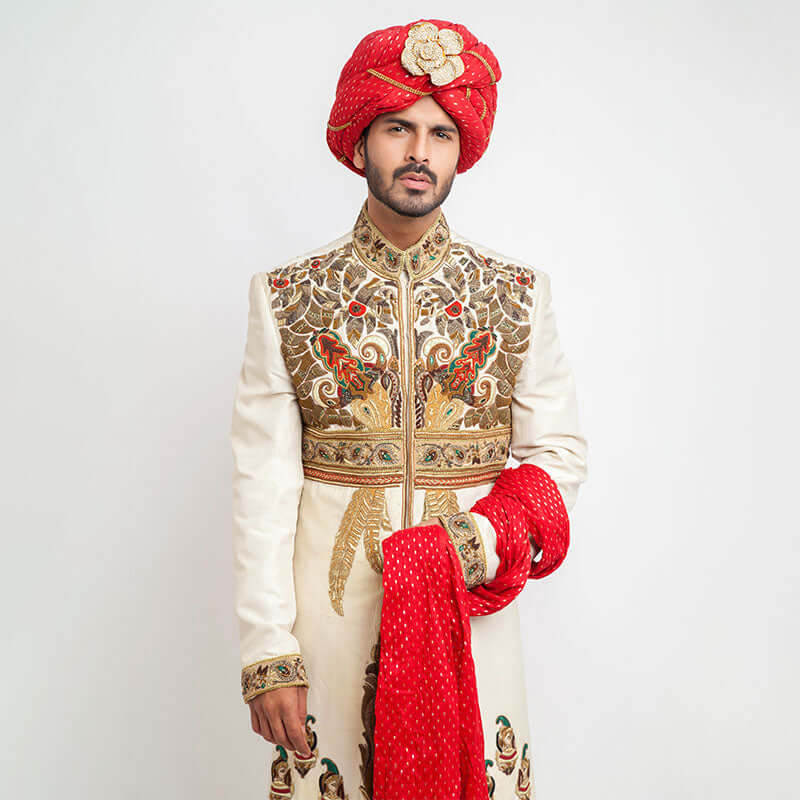 Elegant Ivory Raw Silk Sherwani for Men - Traditional Indian Wedding Attire & Formal Occasions