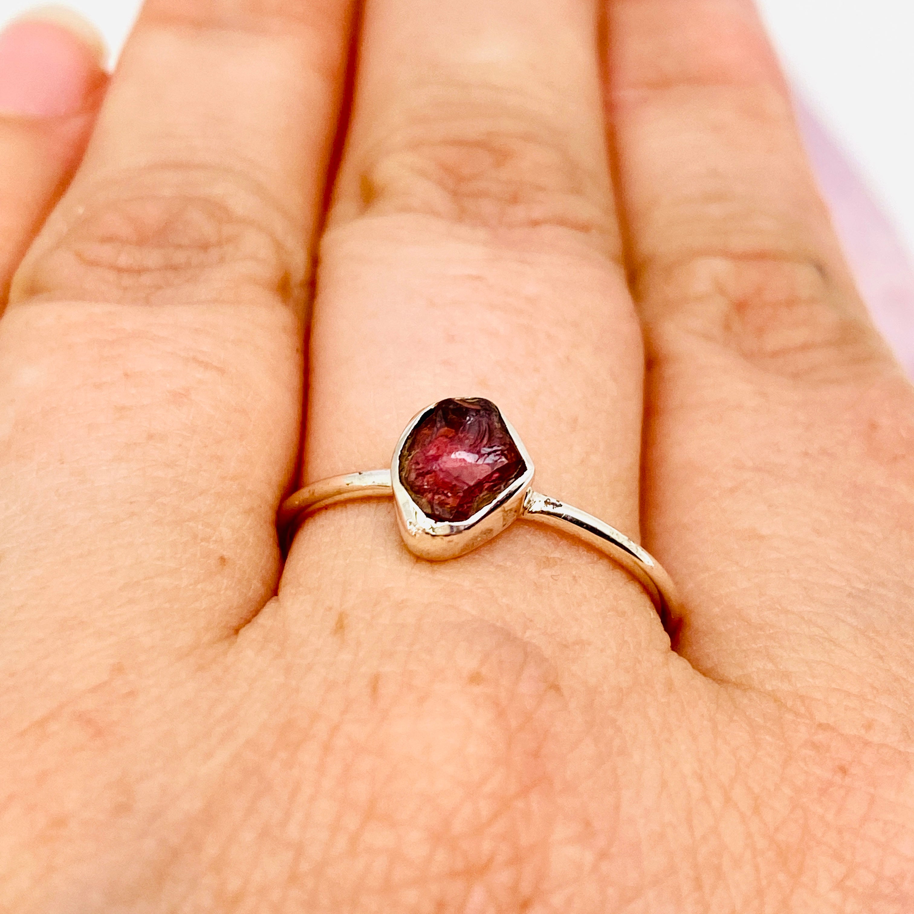 Natural Pink Tourmaline Raw Gemstone Sterling Silver Band Ring for Women - Elegant Boho Jewelry for Everyday Wear, Gift Giving & Special Occasions