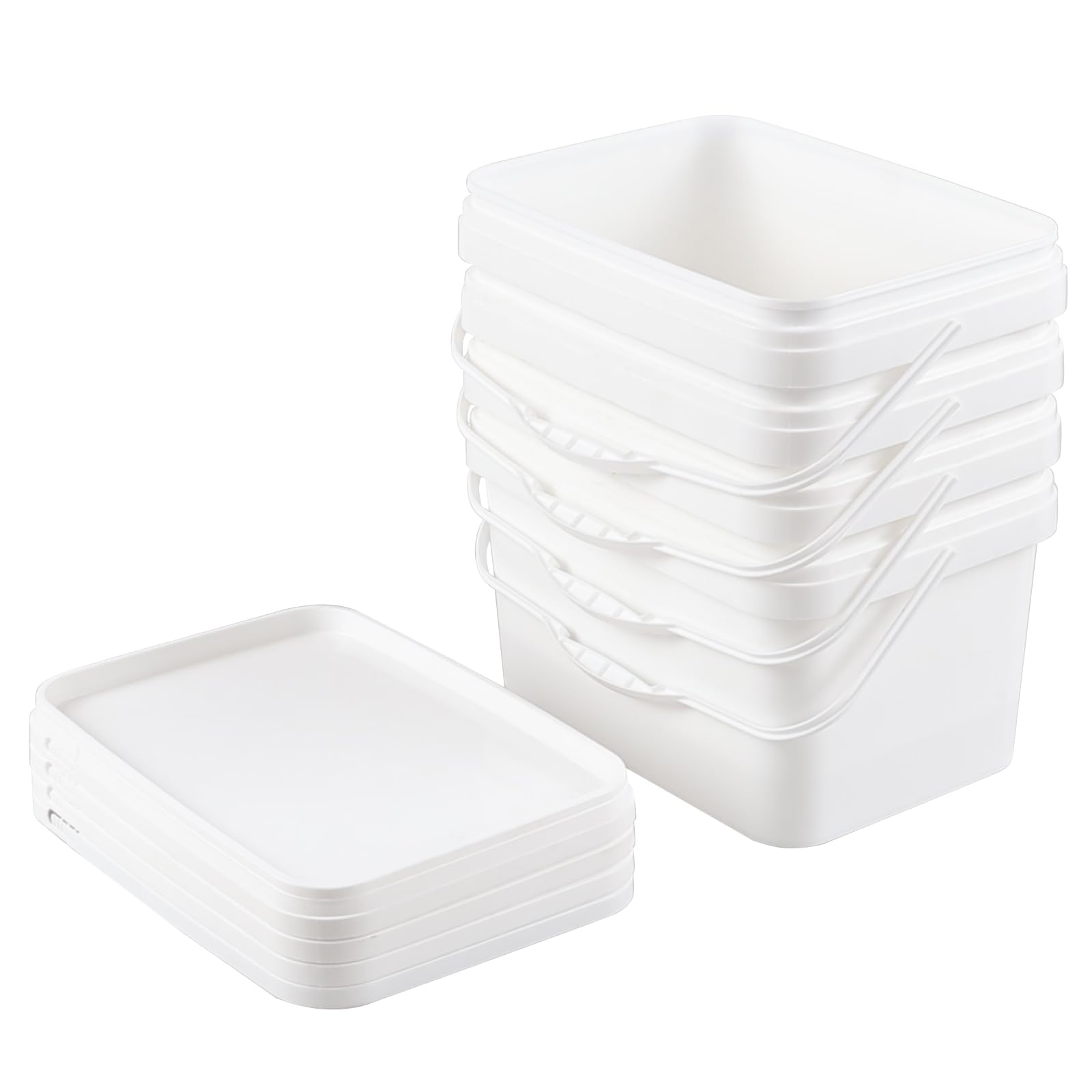 3 Gallon White Plastic Square Bucket with Lid - Food Grade Storage Containers (4-Pack) | Durable Rectangular Utility Pails with Handles for Kitchen, Restaurant, and Commercial Use