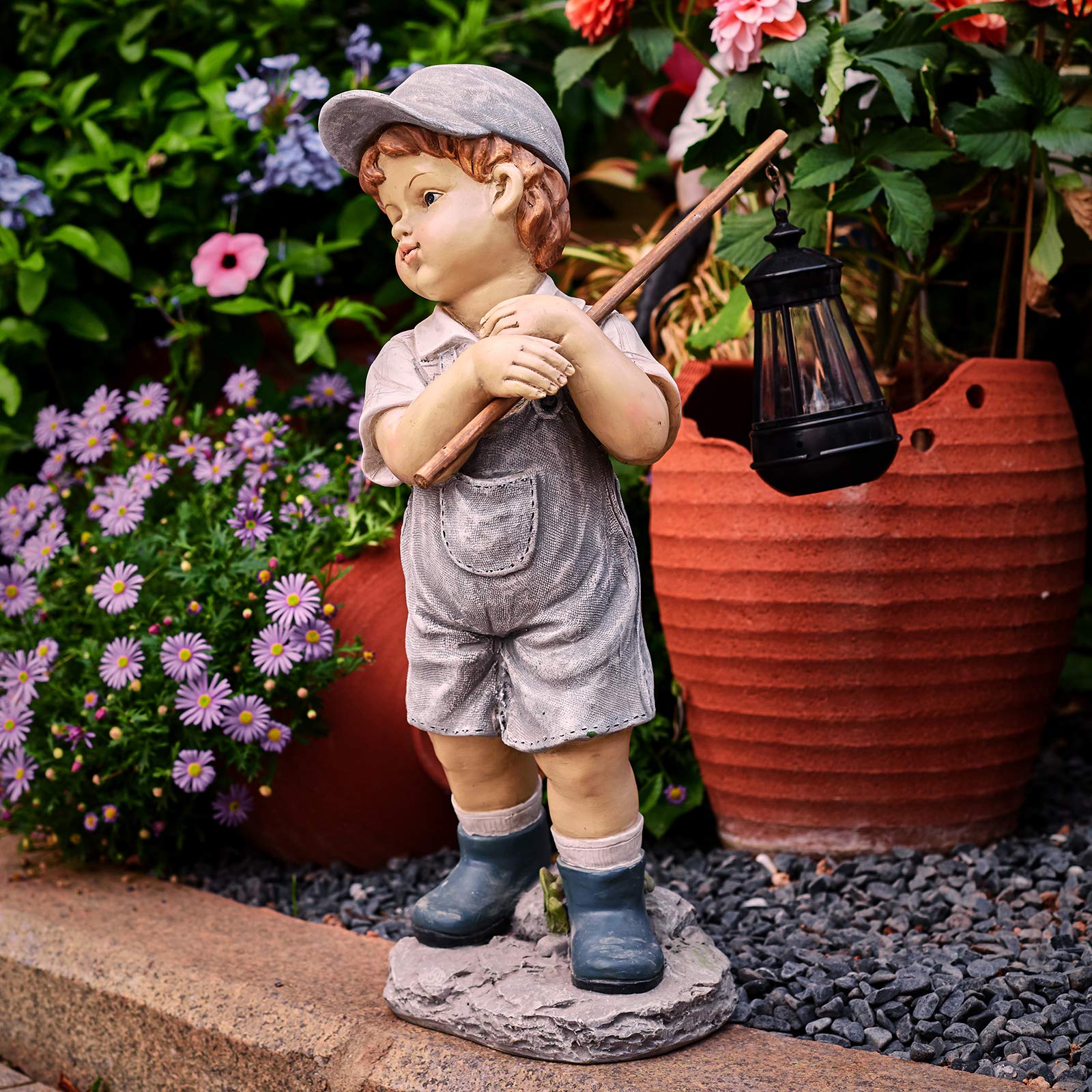 Solar Powered Boy Garden Statue with LED Lantern - 17.5