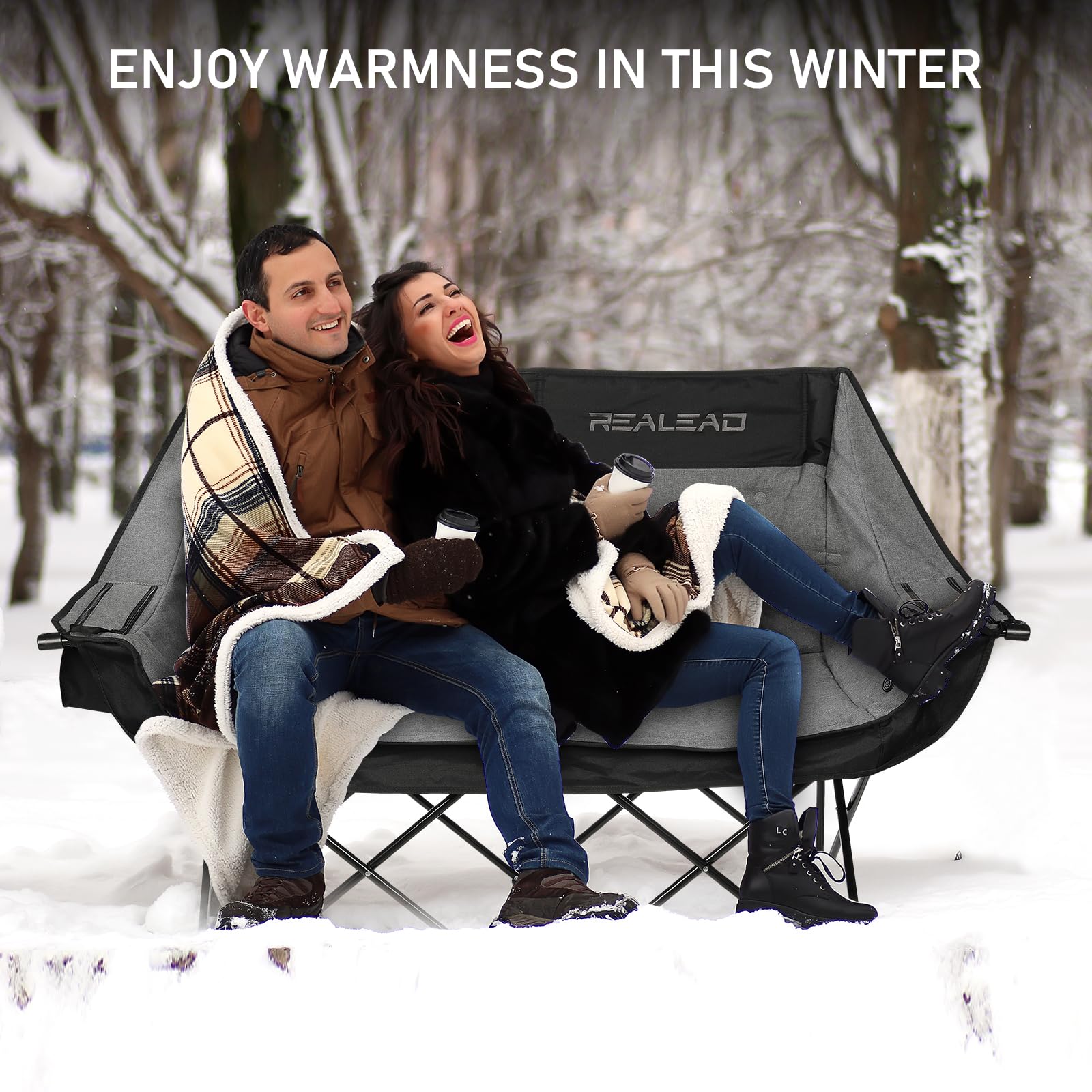 REALEAD Heated Double Camping Chair with 3 Heat Levels & 4 Heating Zones - 650lbs Capacity Portable Folding Loveseat for Couples - Perfect for Outdoor Camping, Hiking, Picnics, and Winter Sports (Battery Not Included)