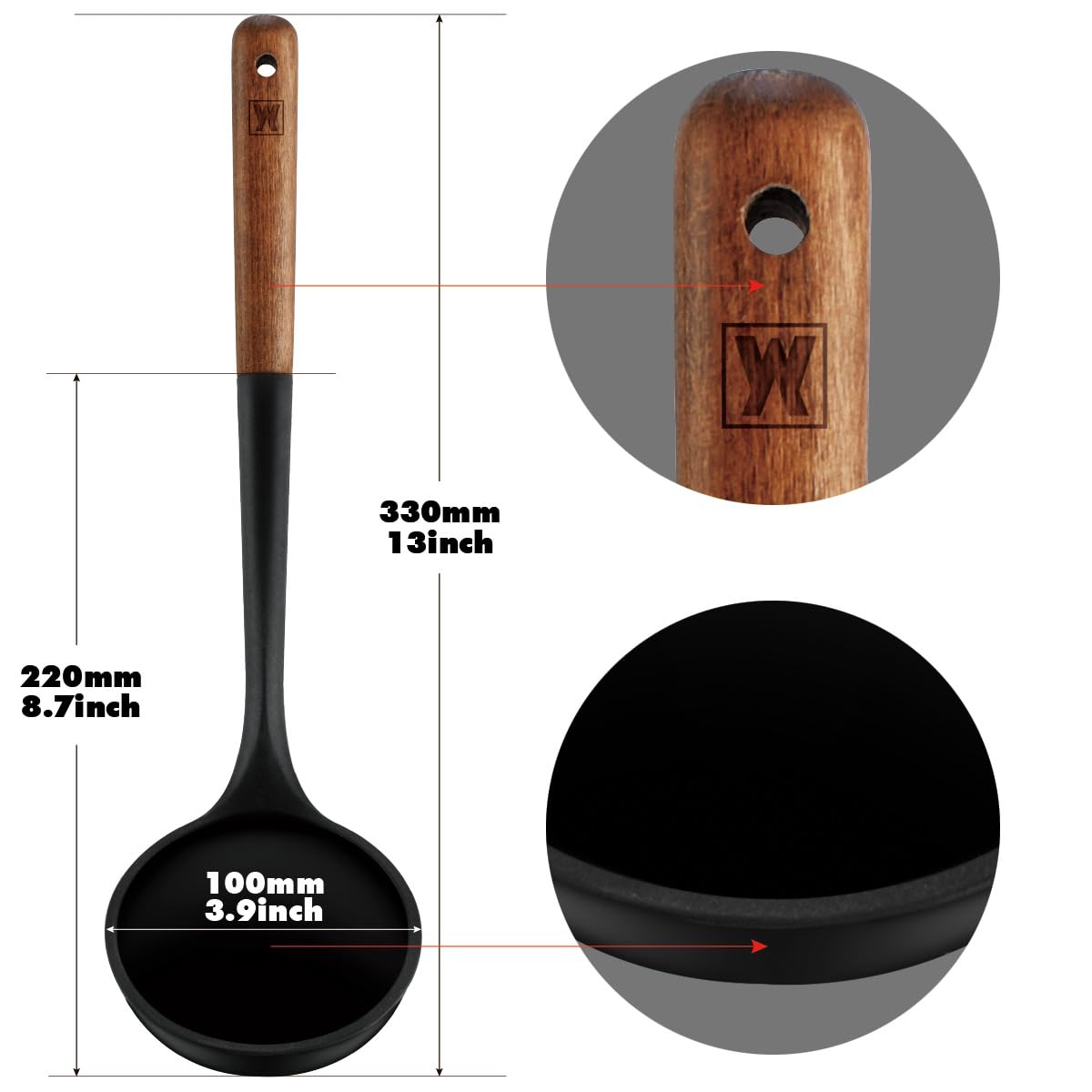 **Heat-Resistant Silicone Cooking Ladle with Long Wooden Handle - Gentle Head Design Protects Cookware - Perfect for Portioning Batter, Soup & Stir-Fry - Ideal for Chefs & Home Kitchens**    *(Use Scenes: Great for cooking soups, sauces, batters, and stir-fries in woks, pots, and pans. Safe for non-stick cookware and perfect for professional chefs or home cooks.)*
