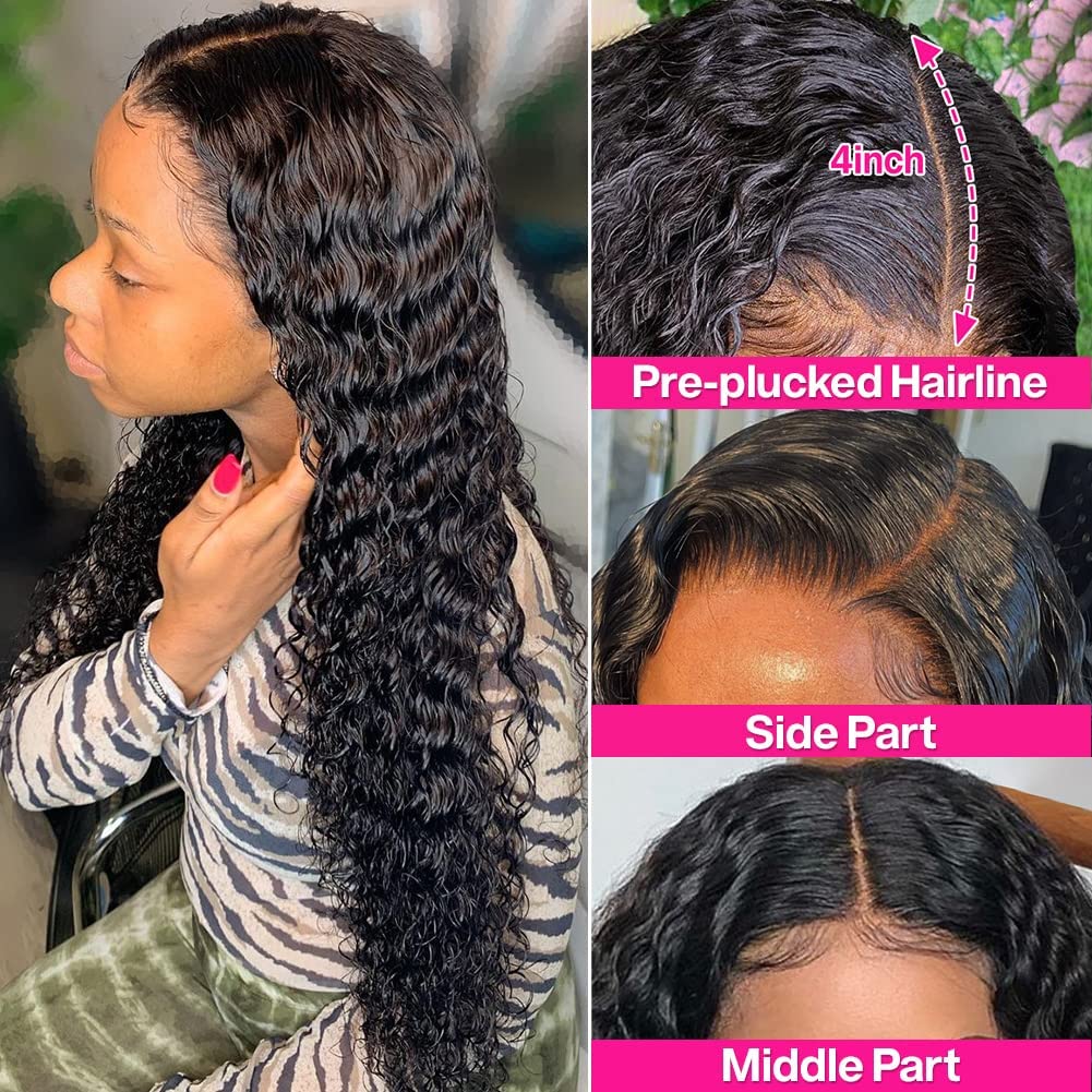 Wingirl 13x4 HD Deep Wave Lace Front Wig - 100% Human Hair with Pre-Plucked Hairline & Baby Hair - 180% Density Glueless Lace Frontal Wig for Women (Natural Black) - Perfect for Daily Wear, Cosplay & Special Occasions