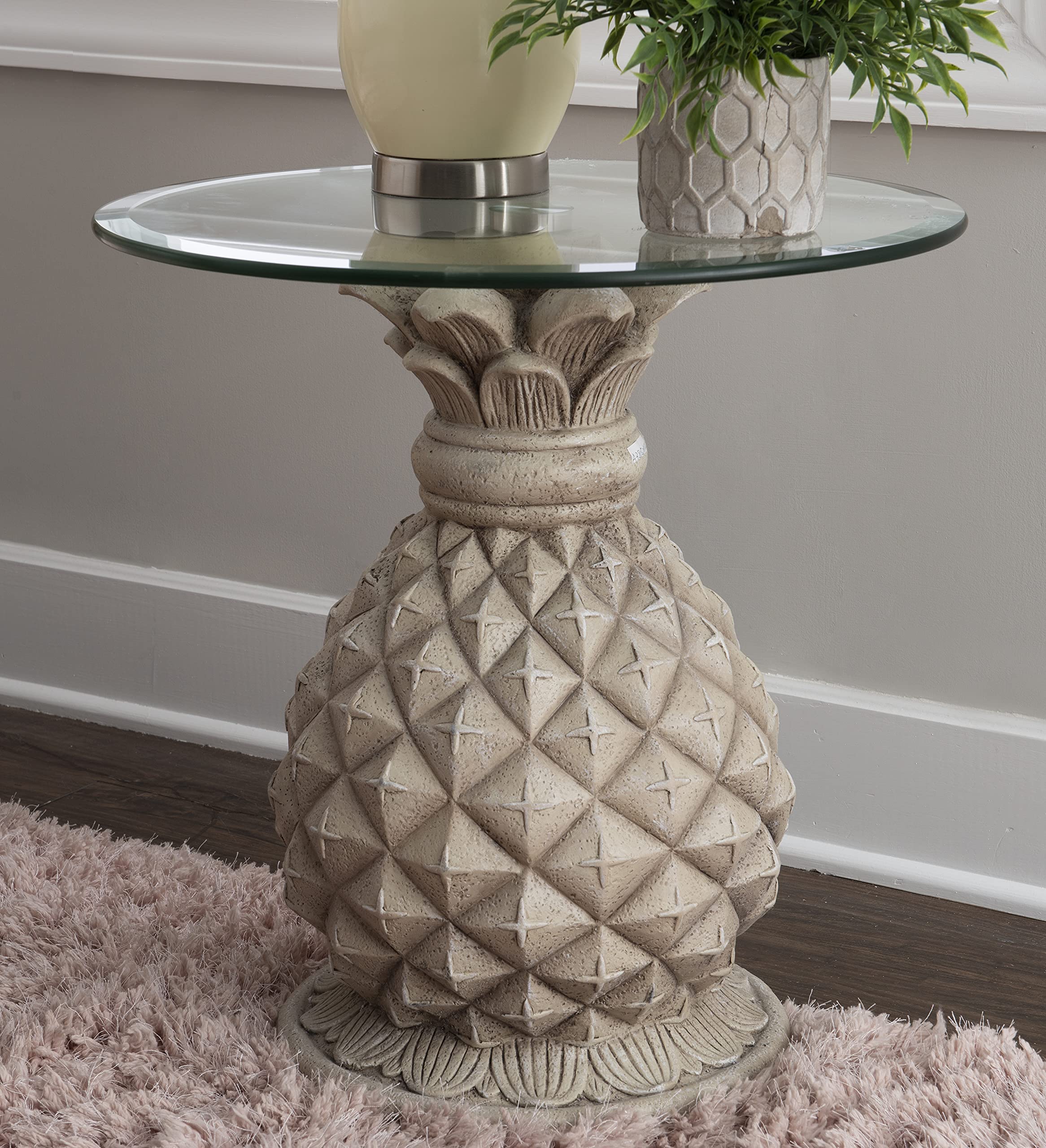 Powell Pippin Pineapple Glass Top Accent Side Table - Modern Grey End Table for Living Room, Bedroom & Office Decor - Perfect for Small Spaces and Home Styling